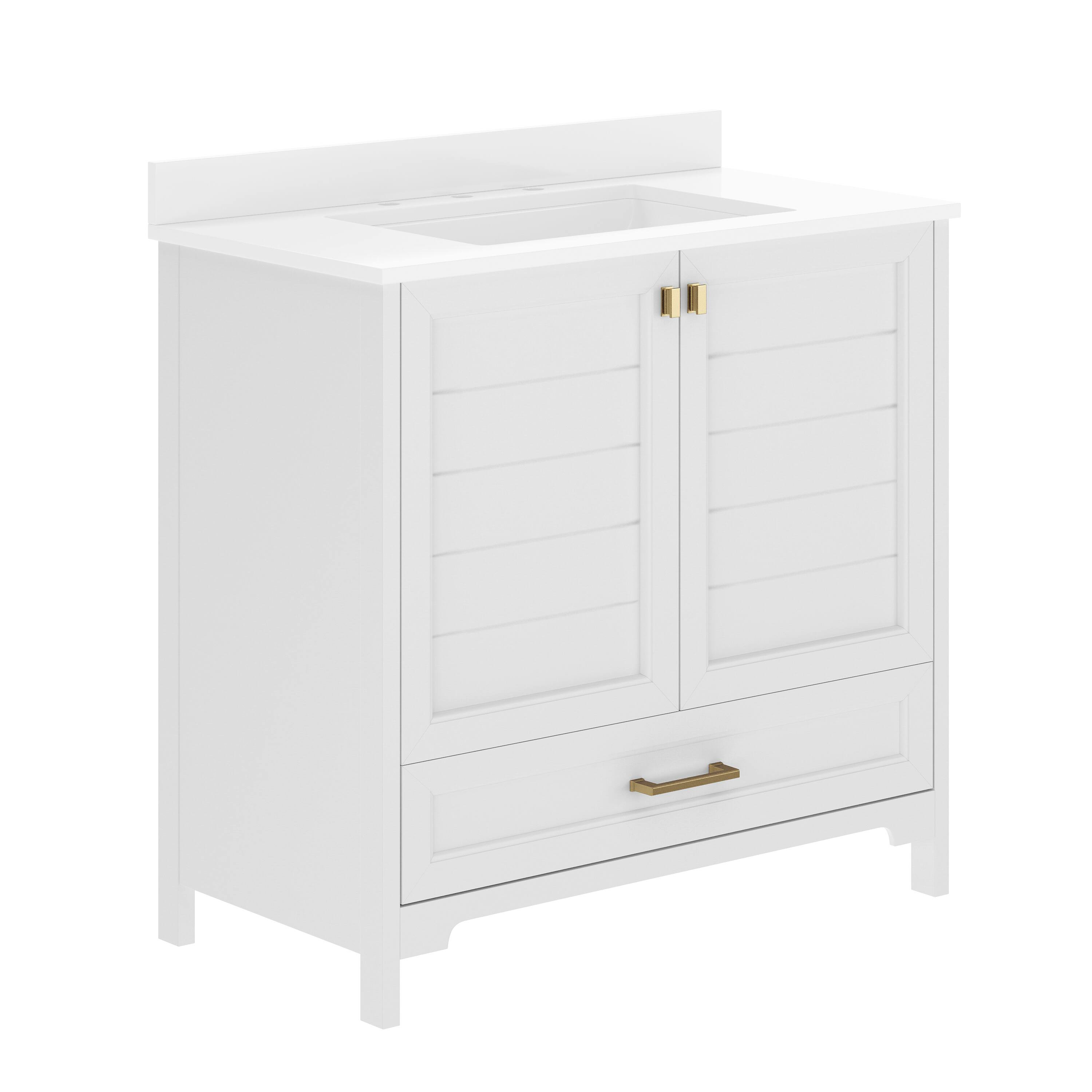 Flash Furniture - Haven 36" Bathroom Vanity with Sink, Storage Cabinet with Gold Hardware, Soft Close Doors and Bottom Drawer, Carrara Mar - White