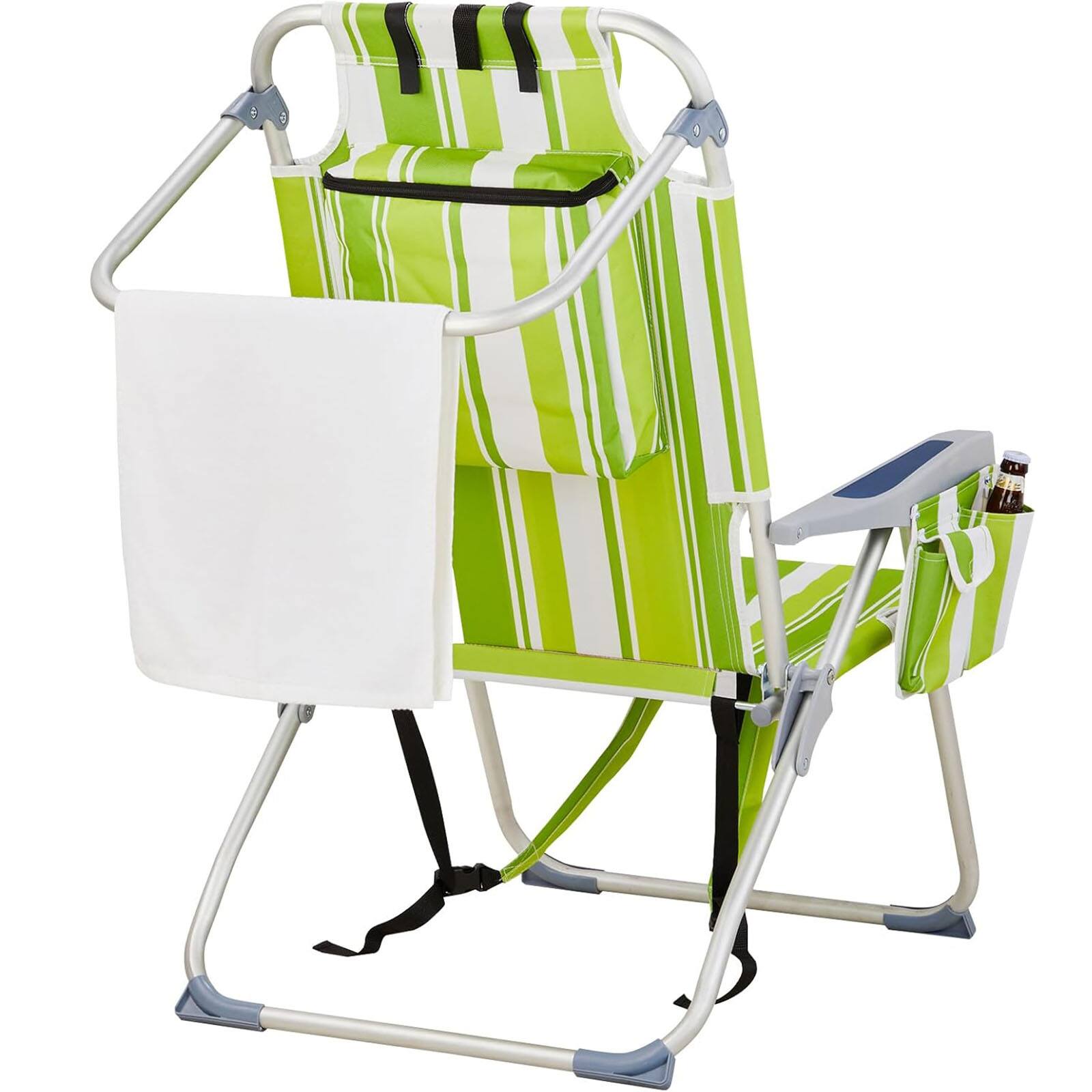 Alt View 3. Chateau Abodes - Outdoor Backpack Beach Chair, 5-Position Reclining with Towel Bar, Cooler Pouch, Cup Holder & Backpack Straps - Green Stripes.
