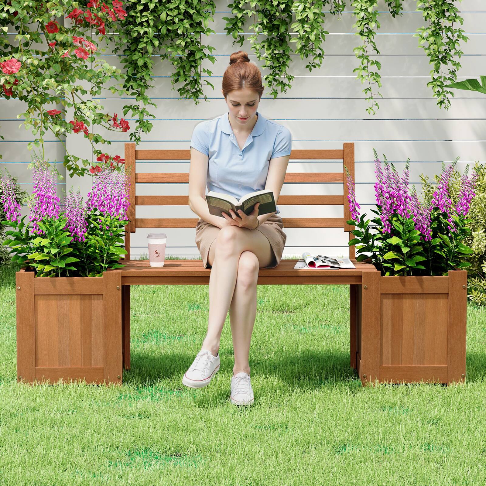 Alt View 4. Costway - Costway Outdoor Planter Box Set with Shorea Hardwood Planter Box, Bench, Slat Backrest - Natural.