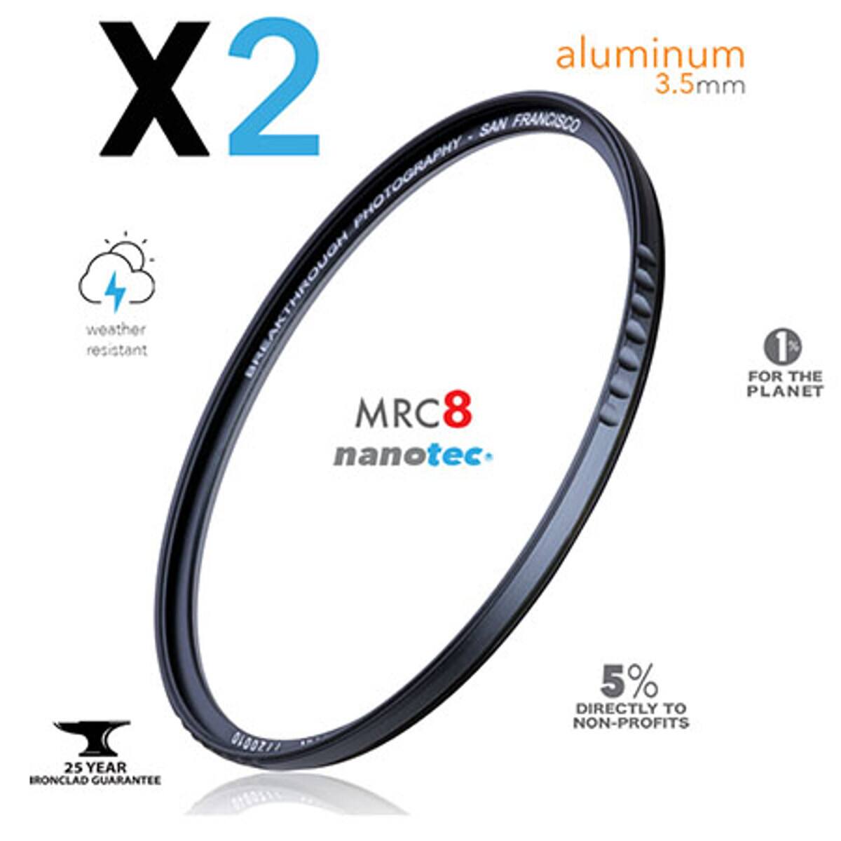 aluminum X2 3.5mm SAN FRANCISCO PHOTOGRAPHY  
4 BREAKTHROUGH weather resistant  
1 FOR THE PLANET  
MRC8 nanotec  
5% DIRECTLY TO NON-PROFITS  
25 YEAR BRONCLAD GUARANTEE