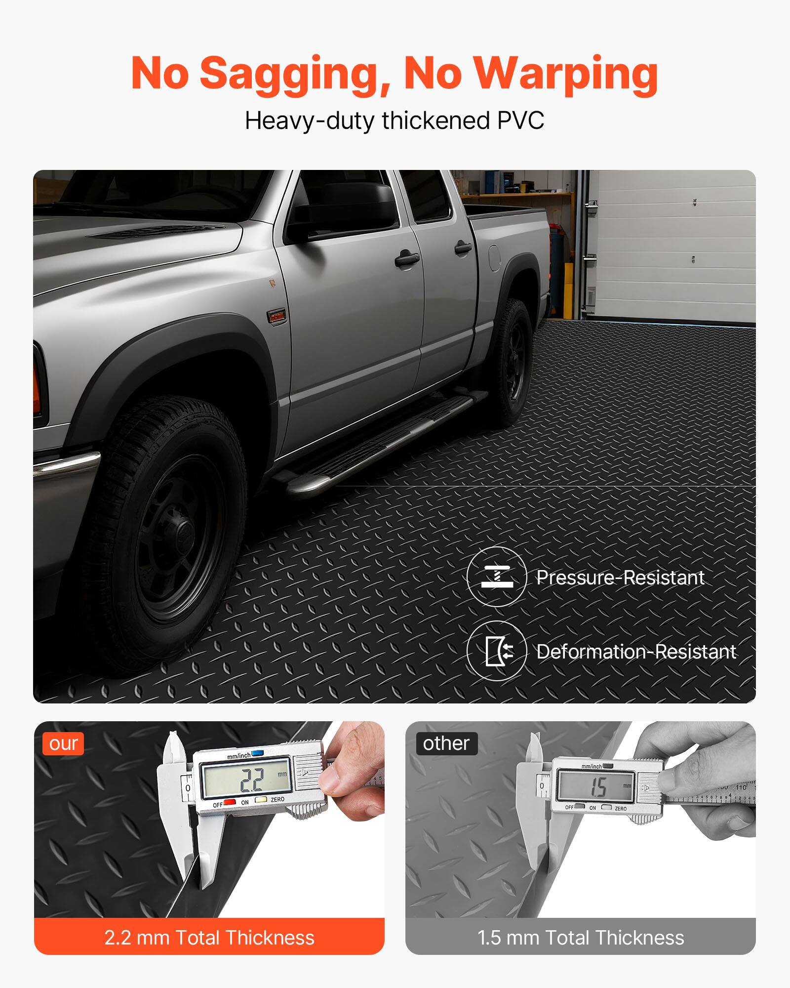 No Sagging, No Warping  
Heavy-duty thickened PVC  

Pressure-Resistant  
Deformation-Resistant  

Our: 2.2 mm Total Thickness  
Other: 1.5 mm Total Thickness