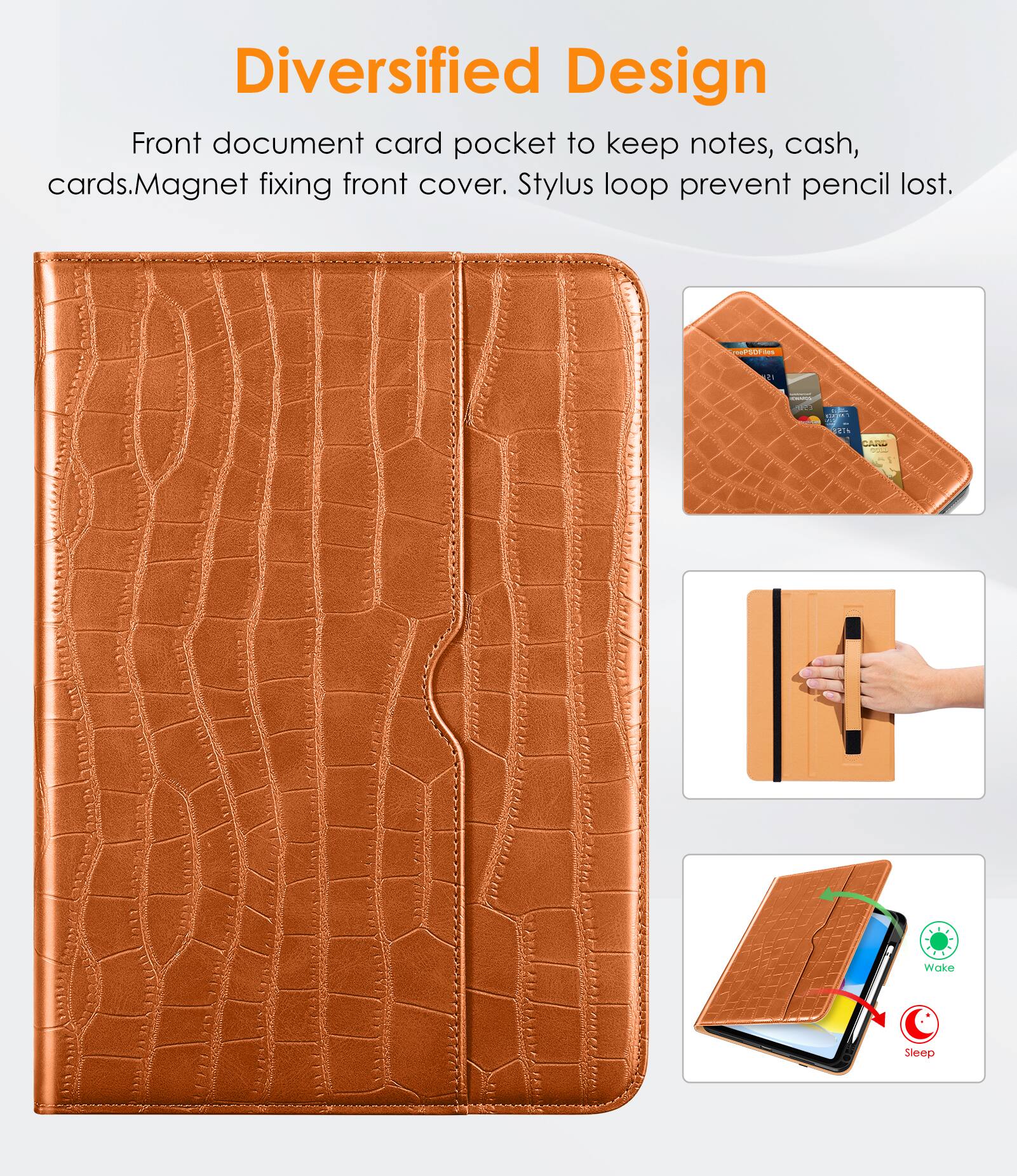 Diversified Design

Front document card pocket to keep notes, cash, cards. Magnet fixing front cover. Stylus loop prevent pencil lost.

Wake Sleep