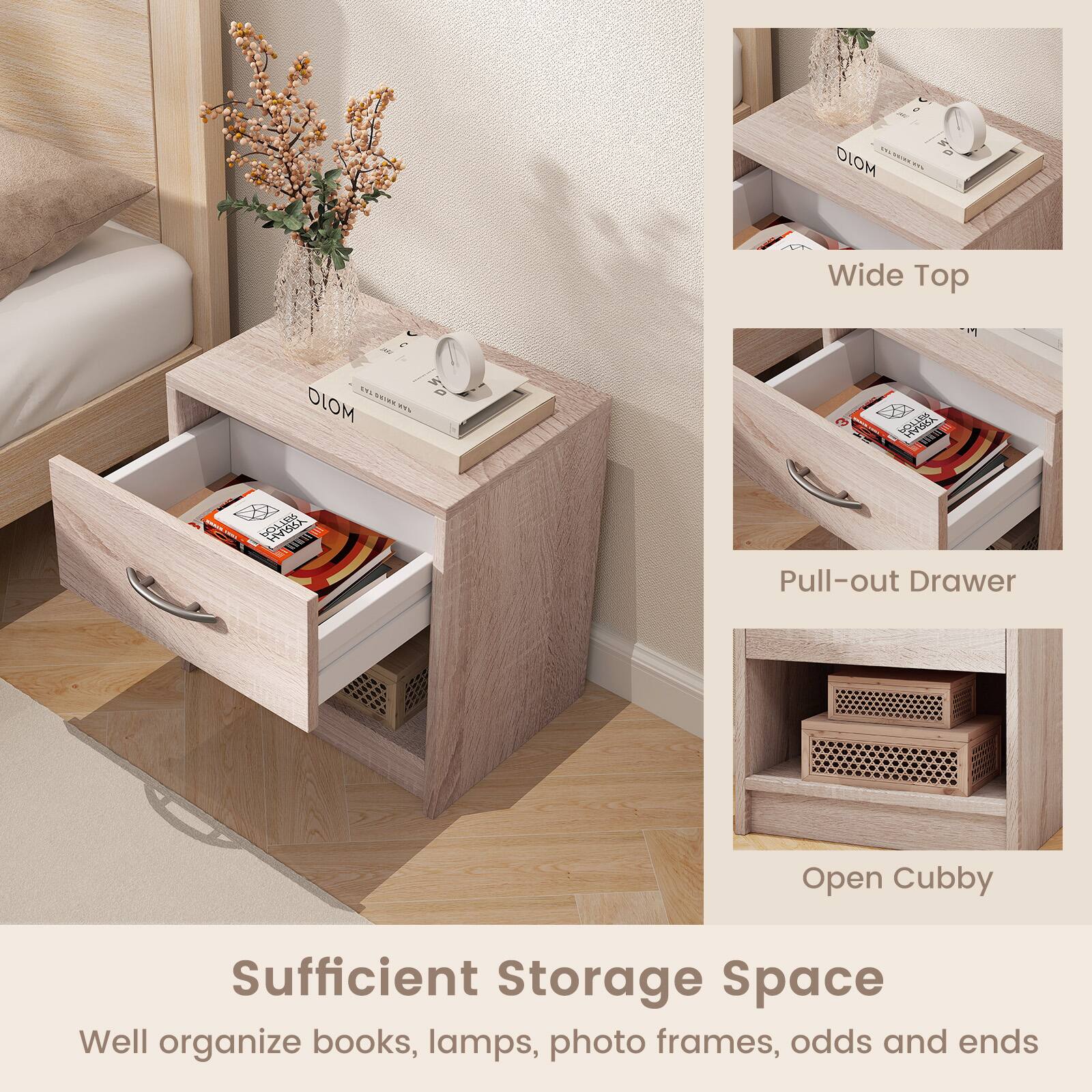 DIOM Wide Top 2.0E. MOJO e.s KU - VO HVECA Pull-out Drawer Open Cubby Sufficient Storage Space Well organize books, lamps, photo frames, odds and ends.