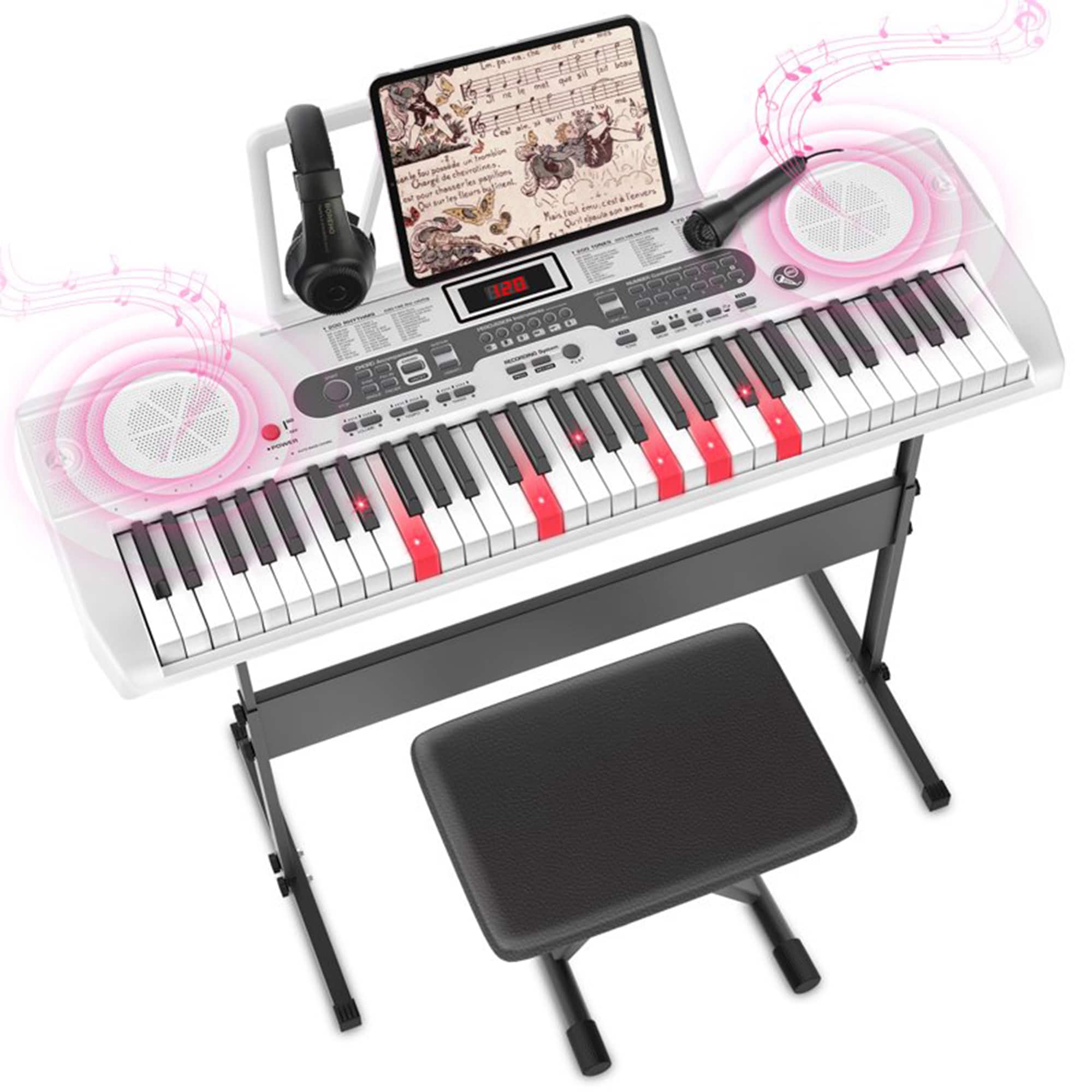 Sugift - 61 Keys Keyboard Piano, Electric Digital Piano Set with Stand, Bench, Headphones, Built-in Speakers - White