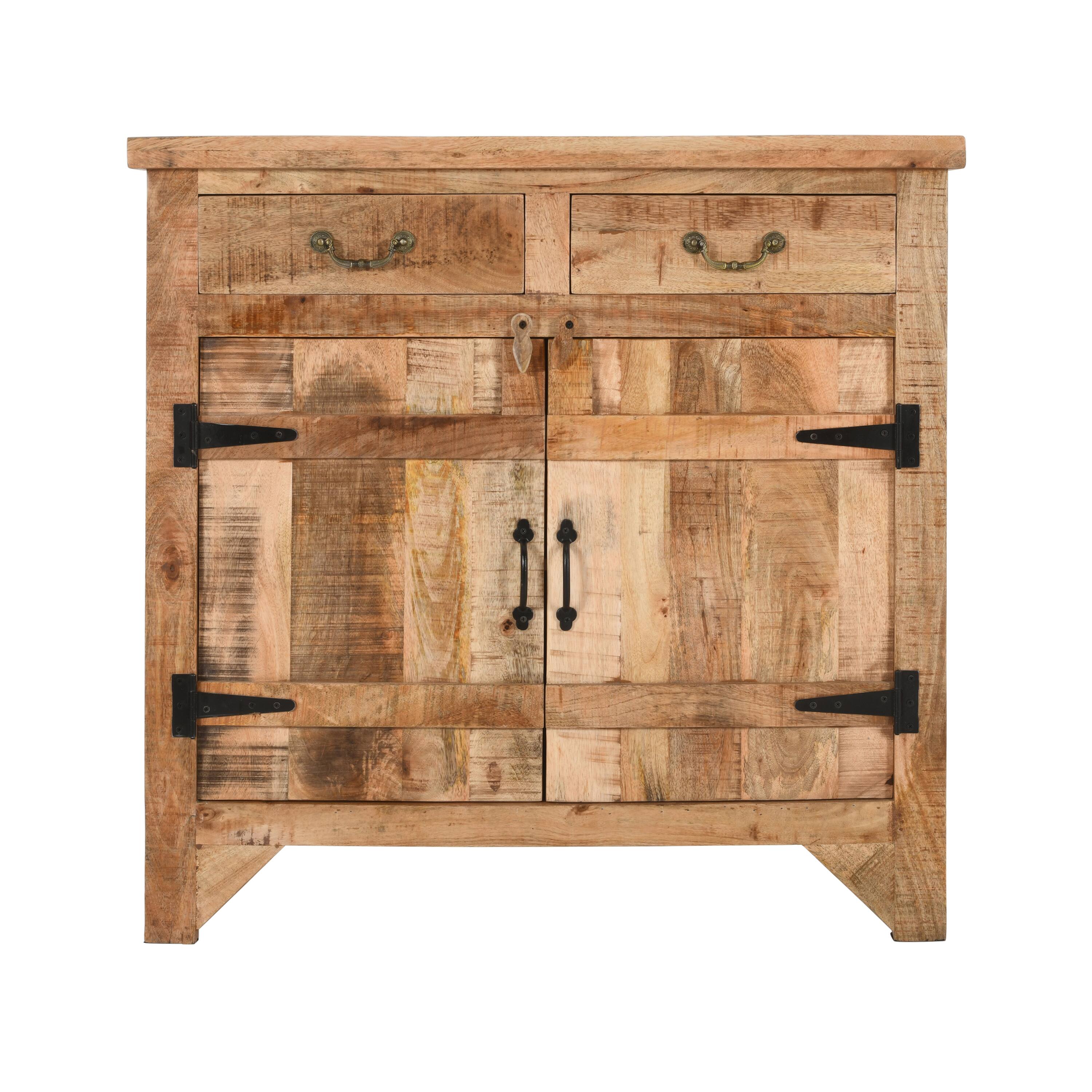 Front. Manhattan Lane - 39 Inch Artisanal Farmhouse Style 2 Drawer Mango Wood Cabinet Console with 2 Door Storage - Brown.