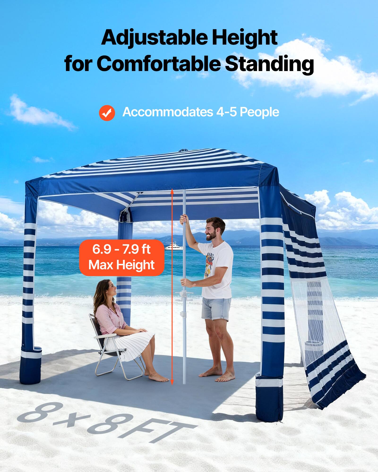 Adjustable Height for Comfortable Standing  
Accommodates 4-5 People  
6.9 - 7.9 ft Max Height  
8x8FT