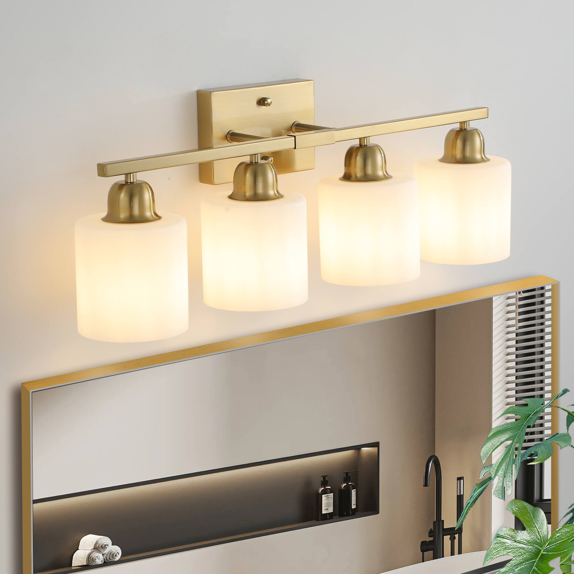 Left. HOMLUX - 24.8 in. 4 Lights Gold LED Vanity Light Bar Vanity Accent Lighting Fixtures and Metal Wall Sconces with Crystal Shade.