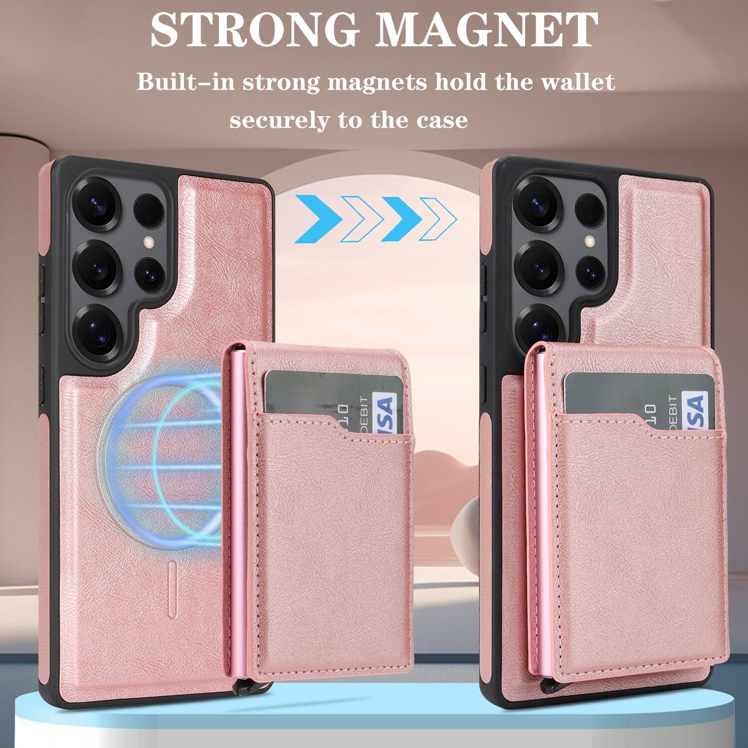 STRONG MAGNET  
Built-in strong magnets hold the wallet securely to the case