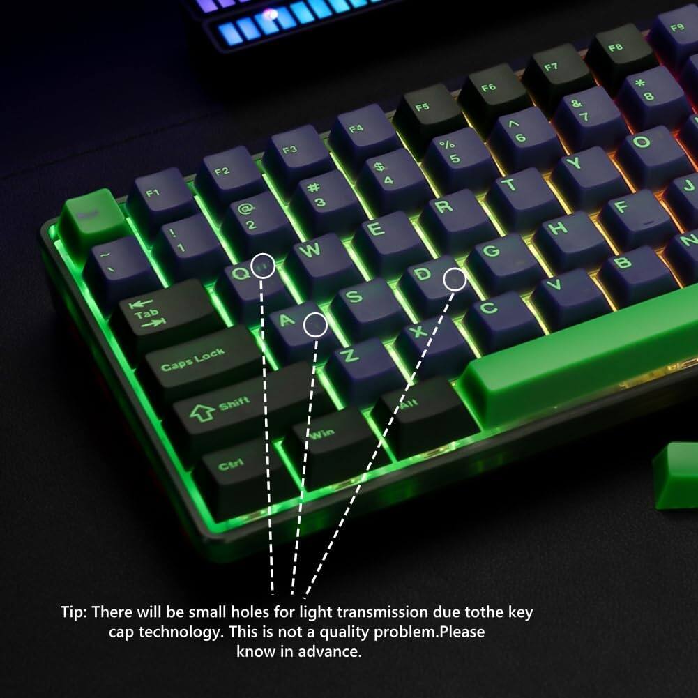 - I N F6 F5 FA ^ % 6 F3 5 F2 $ 4 T F1 # 3 R 2 E ! 1 W G Q D O S Tab C A x Lock Z Caps Shift Alt Win Ctrl F7 & 7 Y H V FB * 8 O F - B Fg  J N

Tip: There will be small holes for light transmission due to the key cap technology. This is not a quality problem. Please know in advance.