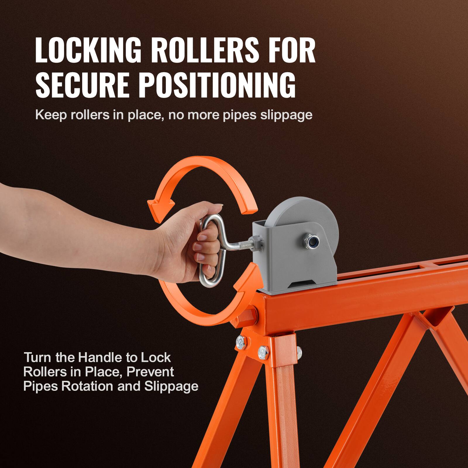 LOCKING ROLLERS FOR SECURE POSITIONING

Keep rollers in place, no more pipes slippage

Turn the Handle to Lock Rollers in Place, Prevent Pipes Rotation and Slippage