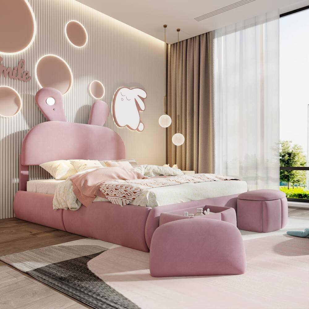 Alt View 2. Loheer - Loheer Full Size Platform Bed Pink Upholstered Cartoon Ears Headboard Kids Velvet Bed with LED Light - Pink.