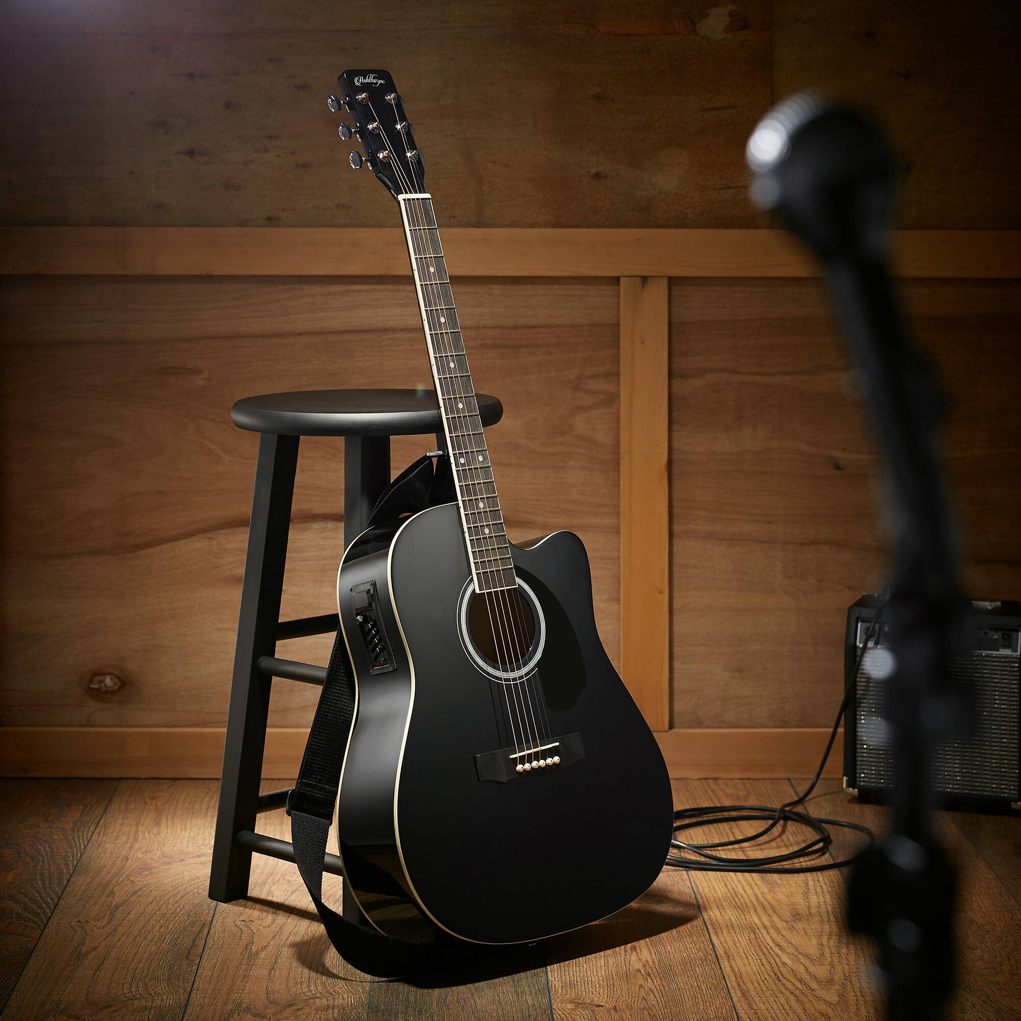 Alt View 1. Ashthorpe - Full-Size Dreadnought Cutaway Acoustic-Electric Guitar Bundle - Black.