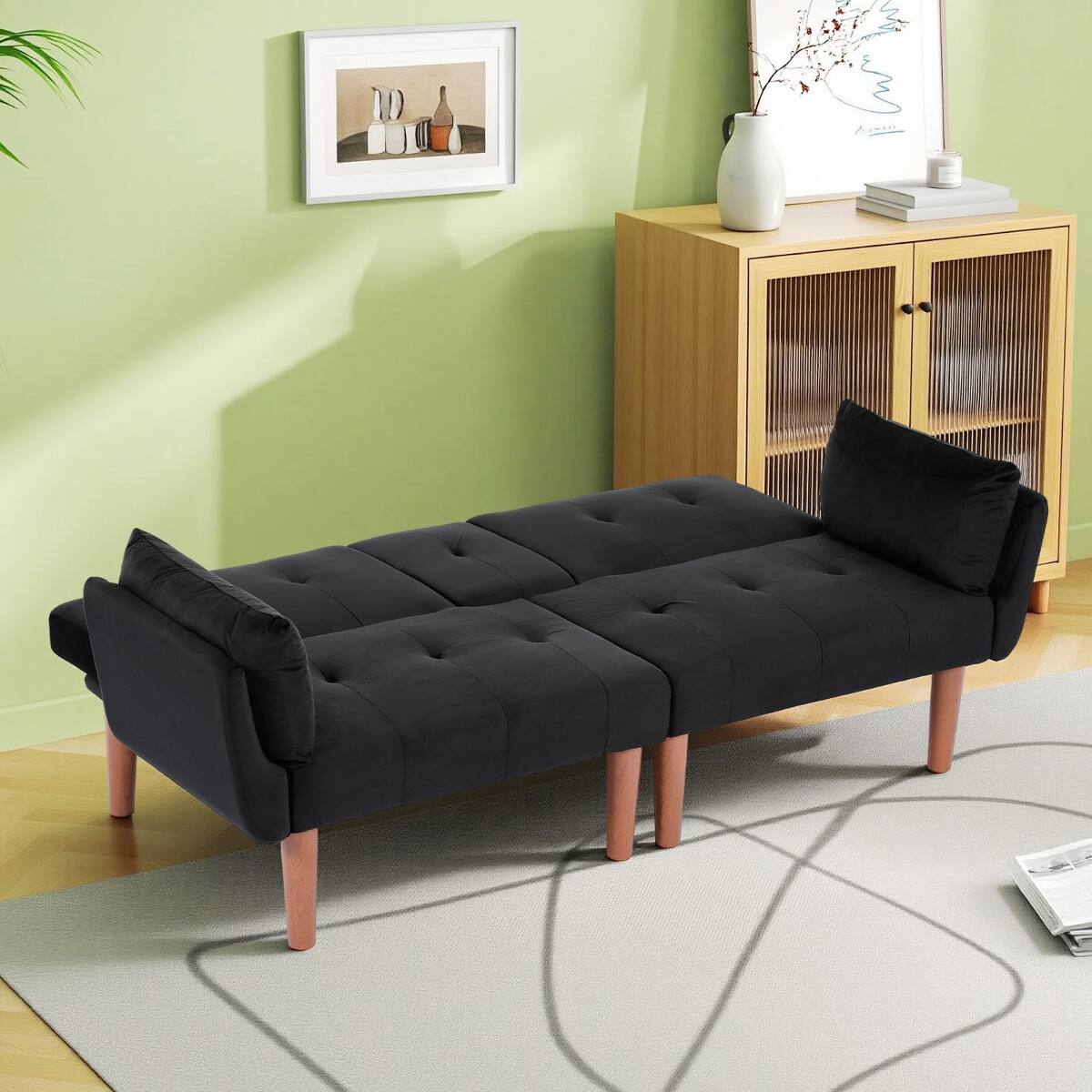 Alt View 1. Ropilly - Ropilly Black Velvet Loveseat, 72 Inch Foldable Sofa, 2 Person Couch for Living Room Apartment - Black.