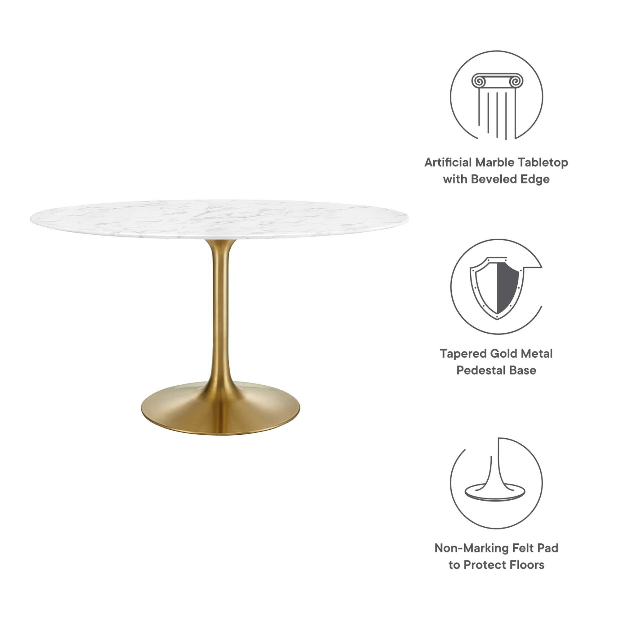 Artificial Marble Tabletop with Beveled Edge  
Tapered Gold Metal Pedestal Base  
Non-Marking Felt Pad to Protect Floors