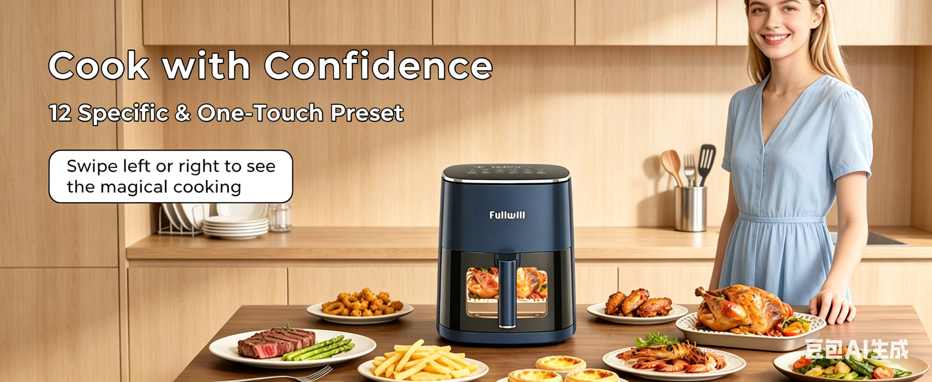 Cook with Confidence  
12 Specific & One-Touch Preset  
Swipe left or right to see the magical cooking  
Fullwill AI
