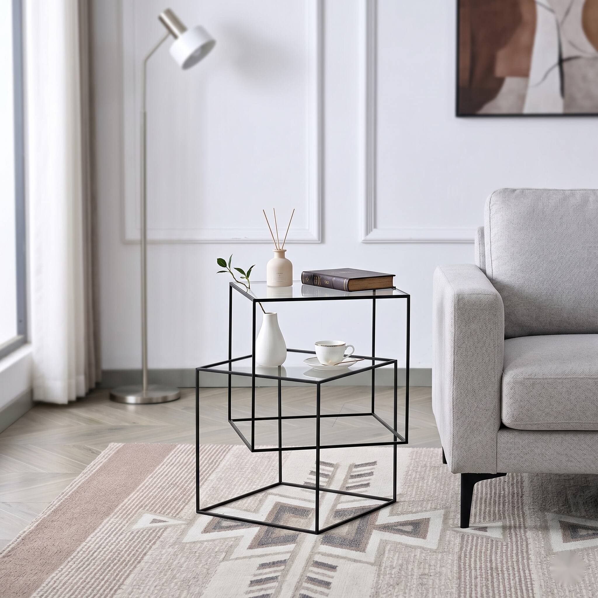 Back. E.P. Light - 2-Tier Modern Accent Nightstand Minimalist Geometric End Table - Black.