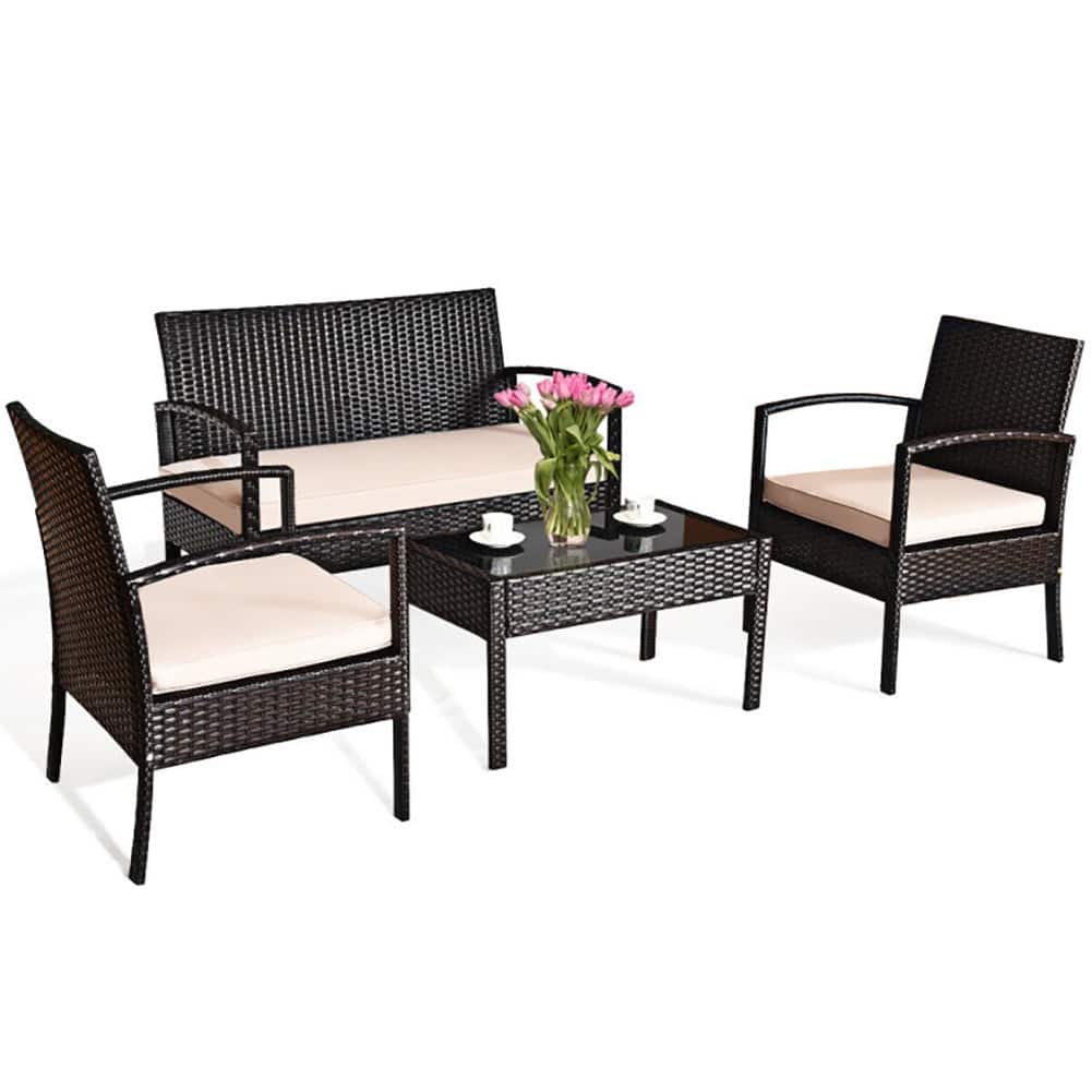 Pefilos- Outdoor Indoor Dining Room Use Backyard Porch Garden Poolside Balcony Sets Light Brown 4 Pieces Furniture Dining Table- Black