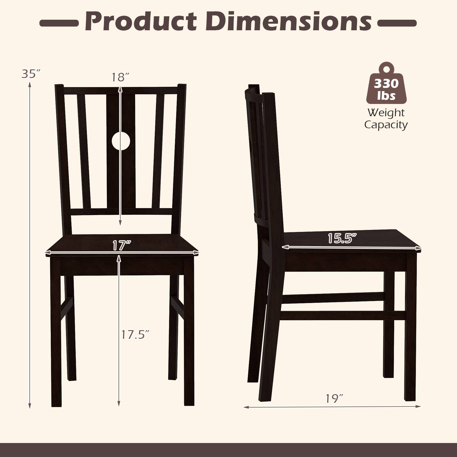 Product Dimensions: 35" x 18" x 17" x 17.5"  
Weight Capacity: 330 lbs  
Dimensions: 15.5" x 19"