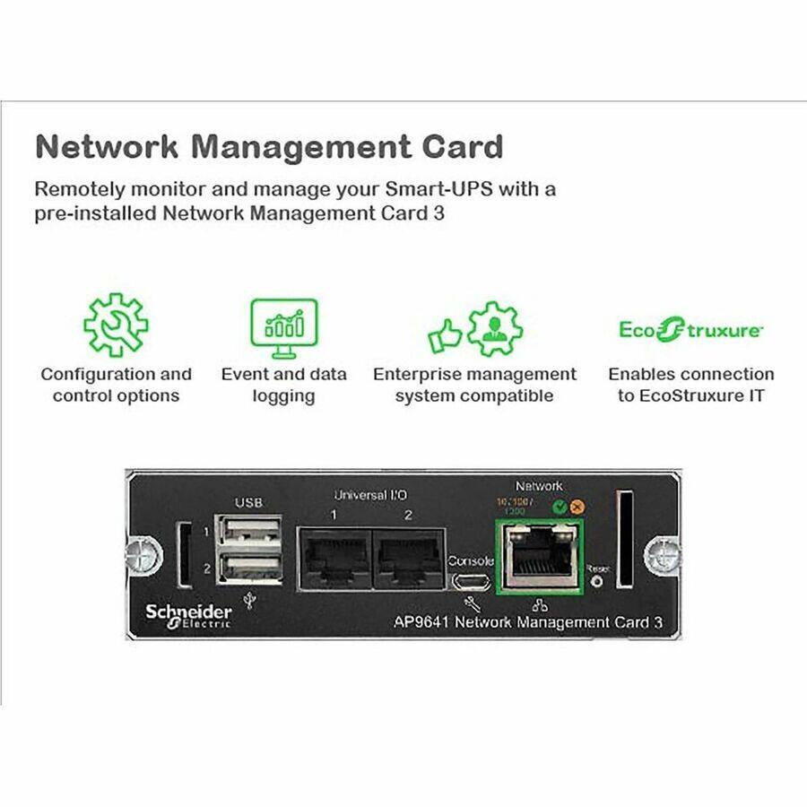 Network Management Card

Remotely monitor and manage your Smart-UPS with a pre-installed Network Management Card 3

- Configuration and control options
- Event and data logging
- Enterprise management system compatible
- Enables connection to EcoStruxure IT

AP9641 Network Management Card 3

Schneider Electric