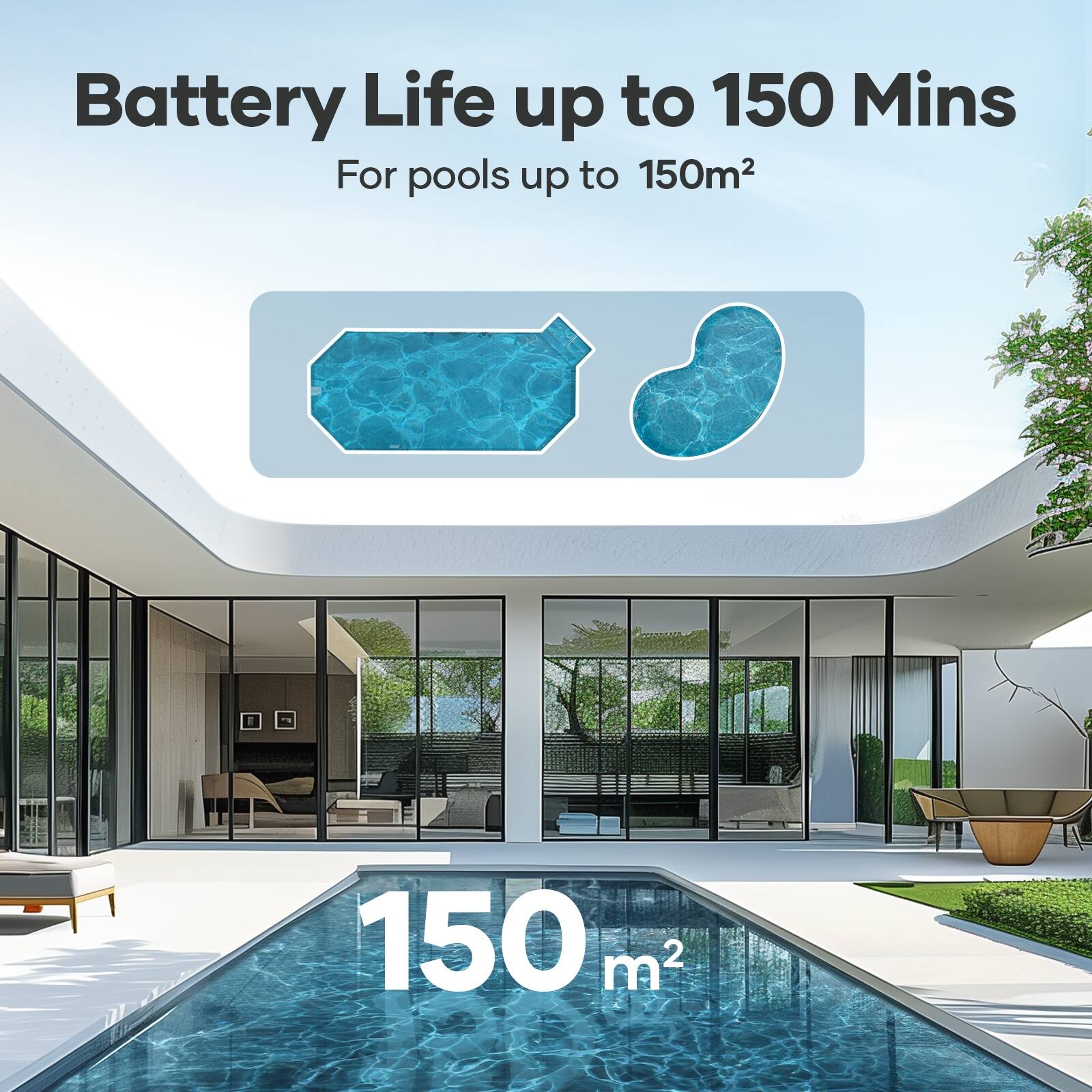 Battery Life up to 150 Mins, For pools up to 150m², 150 m²