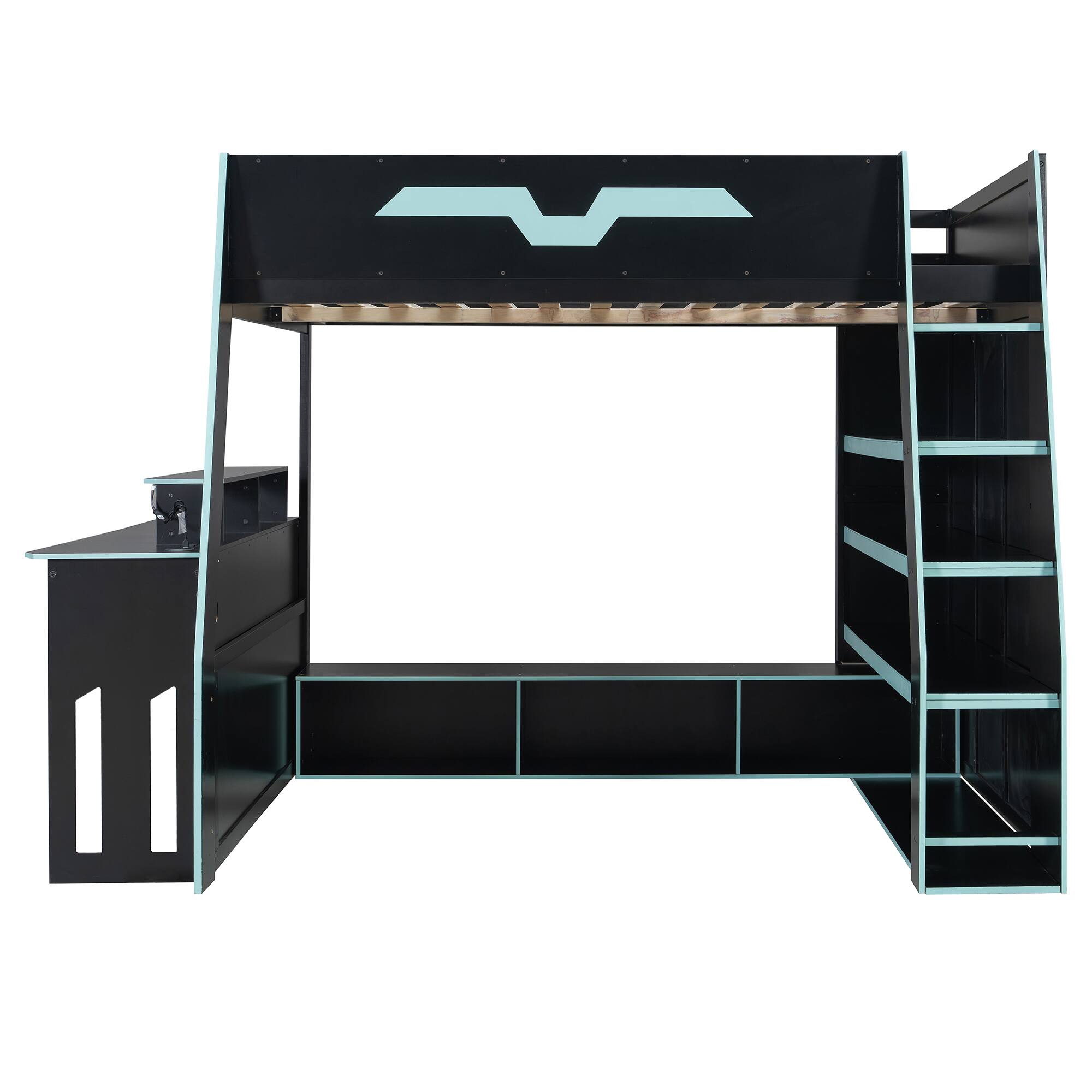 Back. Anysun - Full Size Wood Loft Bed with Desk, Multi-storage Shelves and RGB Light, Table with adjustable placement - Blue.