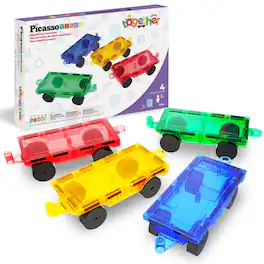 PicassoTiles - 4PC Magnetic Tiles Car Truck Base Construction Building Toy , Educational STEM Building Kits for Kids