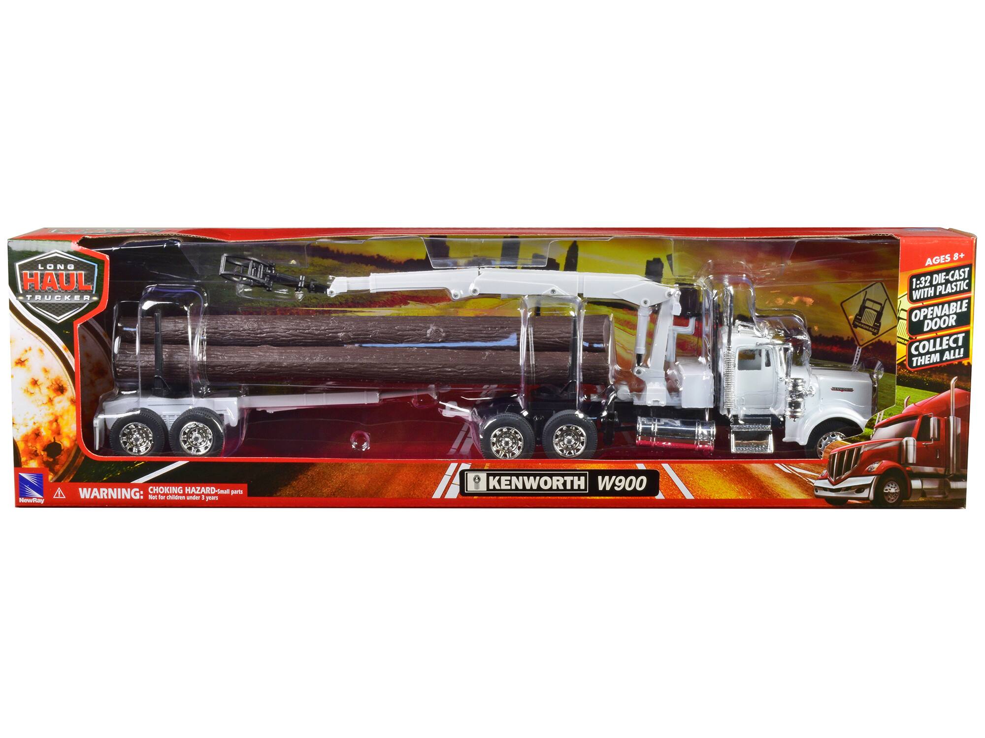 LONG HAUL TRUCKER  
AGES 8+  
1:32 DIE-CAST WITH PLASTIC OPENABLE DOOR  
COLLECT THEM ALL!  

KENWORTH W900  

WARNING: CHOKING HAZARD - Small parts. Not for children under 3 years.