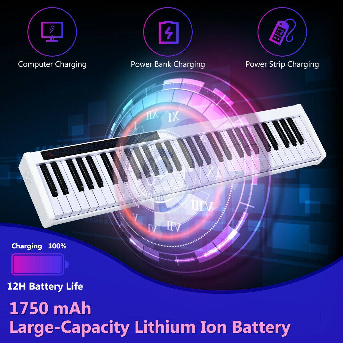 The text on the image is grouped and corrected as follows:

1. Computer Charging: This feature allows users to charge their computers using the keyboard.
2. Power Bank Charging: The keyboard also functions as a power bank, providing additional charging capabilities.
3. Power Strip Charging: The keyboard can be connected to a power strip for charging multiple devices simultaneously.
4. Charging I II XI X: The keyboard has multiple charging ports, including I, II, XI, and X.
5. 12H Battery Life: The keyboard offers a long battery life of 12 hours.
6. 1750 mAh Large-Capacity Lithium Ion Battery: The keyboard is equipped with a large-capacity lithium ion battery for extended use.