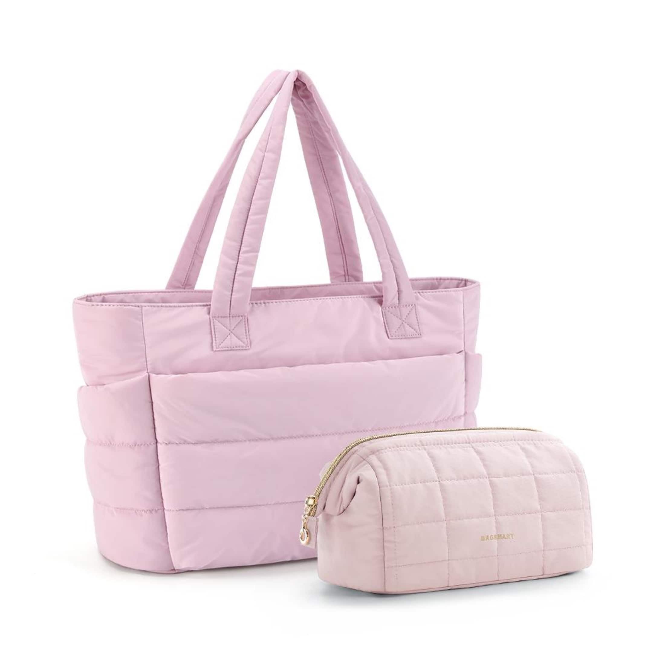 Bagsmart - Bubble 20L Puffy Laptop Tote Bag & Wide-Open Makeup Pouch Set, Lightweight Quilted Work Shoulder Bag for Women - Pink
