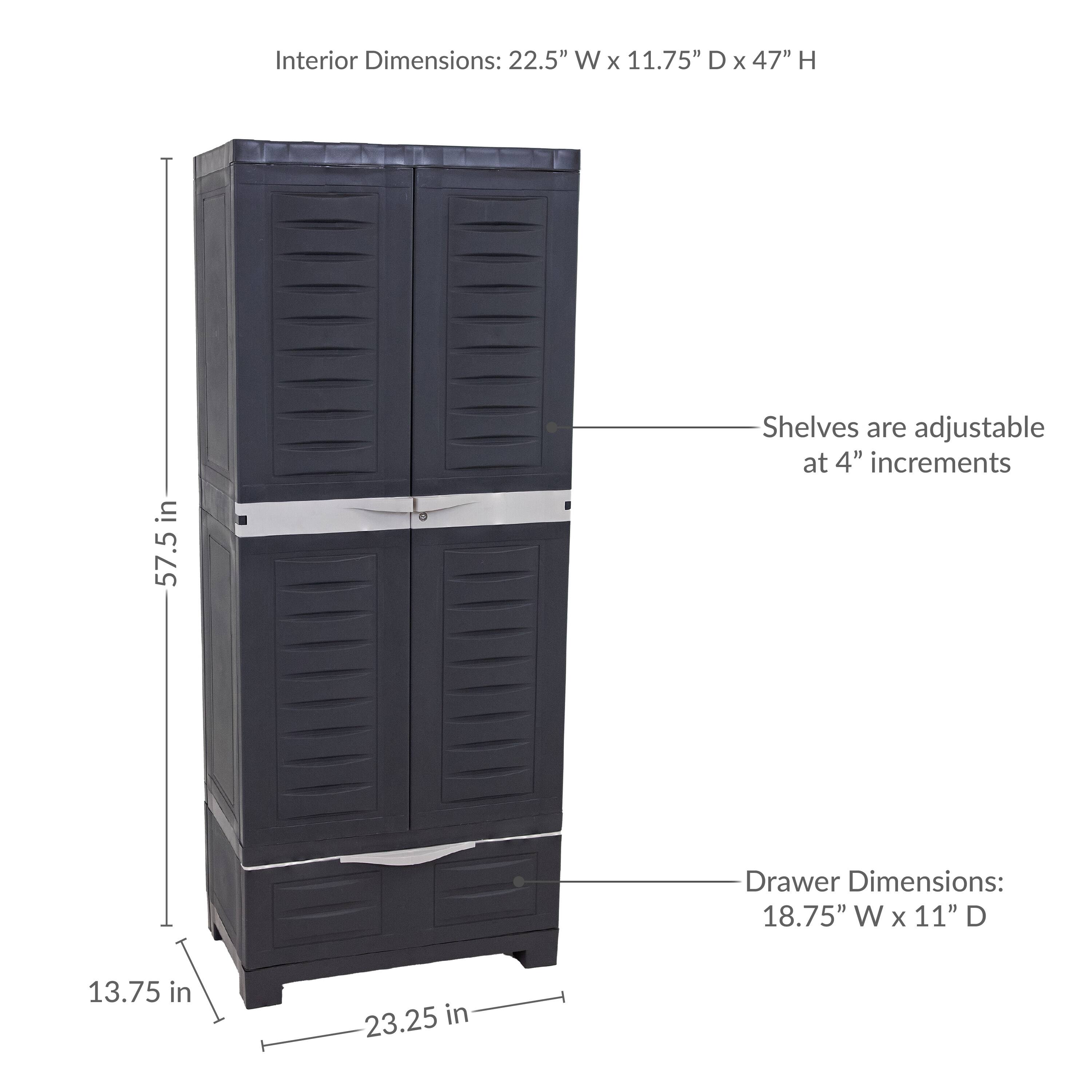 Interior Dimensions: 22.5" W x 11.75" D x 47" H  
Shelves are adjustable at 4" increments  
Drawer Dimensions: 18.75" W x 11" D