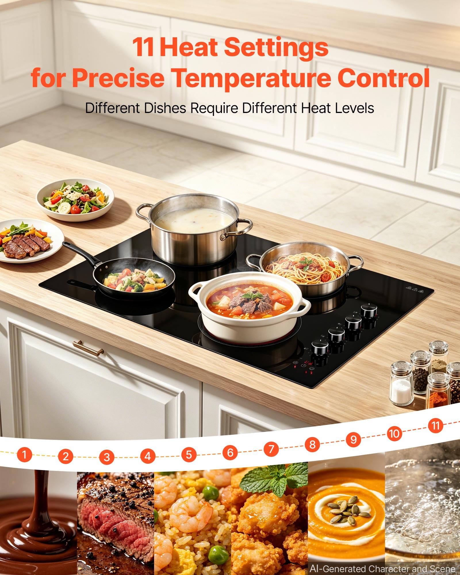 11 Heat Settings for Precise Temperature Control  
Different Dishes Require Different Heat Levels

1
2
3
4
5
6
7
8
9
10
11

AI-Generated Character and Scene
