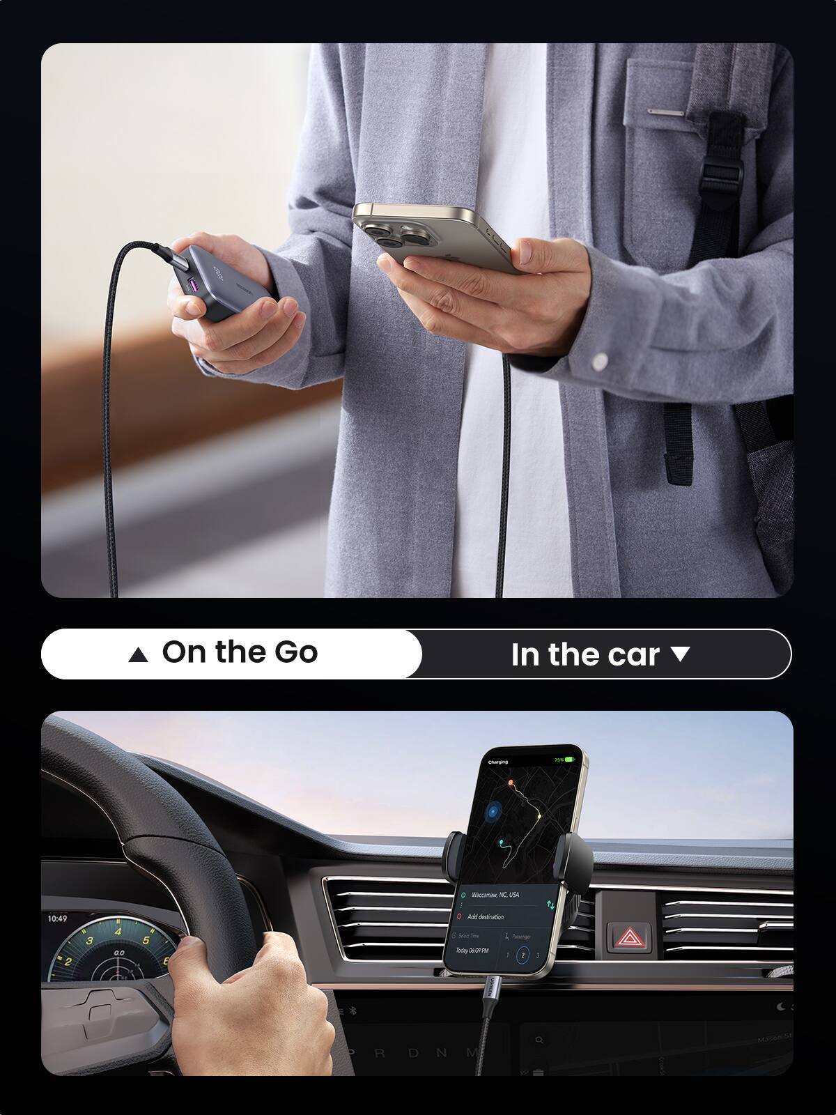 On the Go  
In the car  

10:49  
2 3 4  
D0 S E  

Add destination  
A Posgr SnigSaOFer  
1 2 I - R D N M  

Charging  
75%  

Wilmington, NC, USA  
Add destination  
Search Time  
Range  
Today 6:07 PM