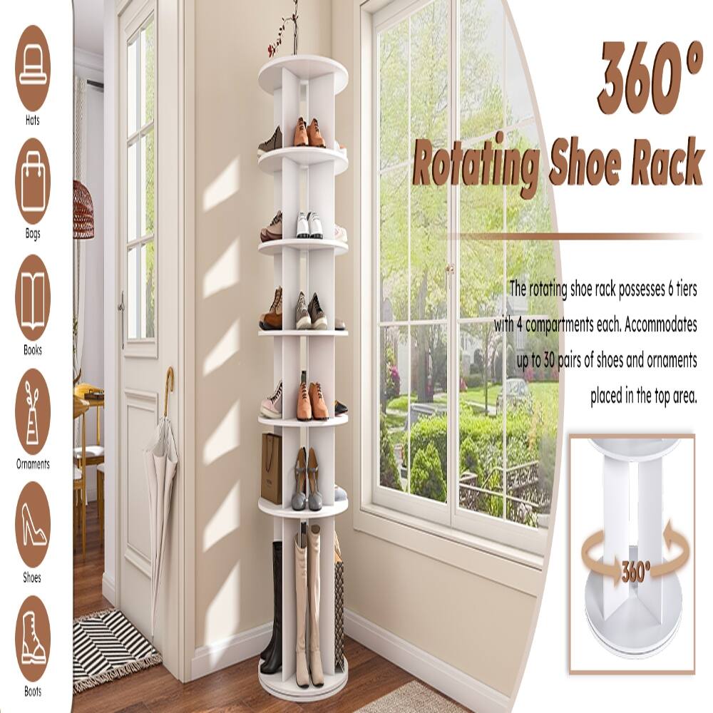 Hats Bogs
360° Rotating Shoe Rack
Books
The rotating shoe rack possesses 6 tiers with 4 compartments each. Accommodates up to 30 pairs of shoes and ornaments placed in the top area.
Ornaments
Shoes
360°
Boots