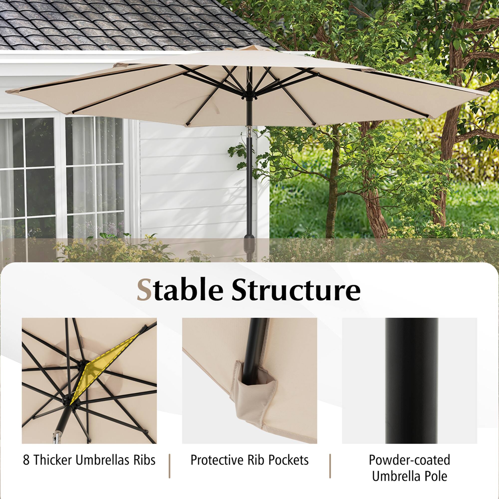 Stable Structure
8 Thicker Umbrellas Ribs
Protective Rib Pockets
Powder-coated Umbrella Pole