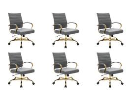 LeisureMod - (Set of 6) Benmar Ergonomic Leather Office Chair with Chrome Gold Steel Frame and Cushioned Armrests for Home Office - Gray
