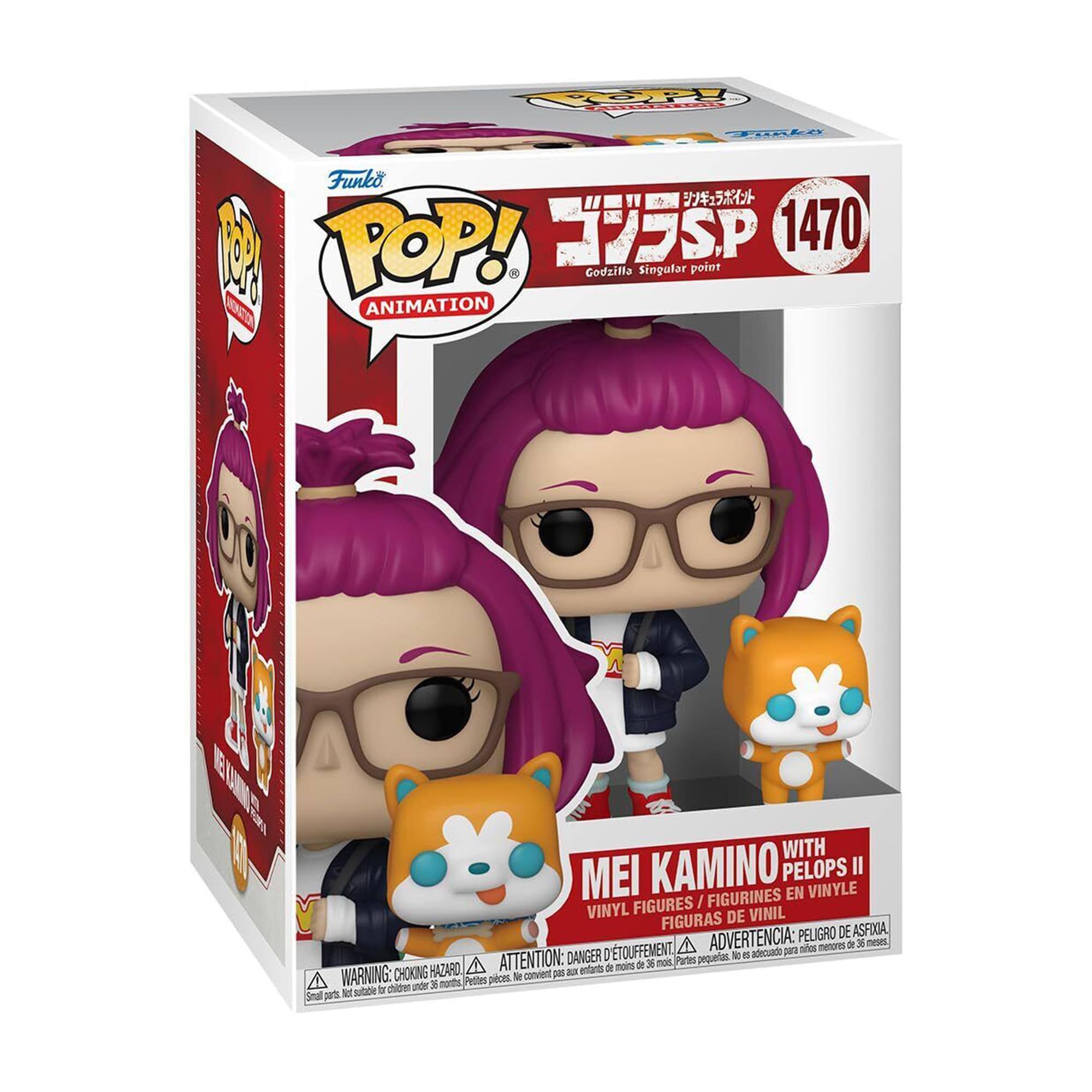 Sure, here is the corrected and grouped text from the image:

---

**Front:**
- Funko POP! ANIMATION
- 1470
- Godzilla Singular point
- MEI KAMINO WITH PELOPS II
- VINYL FIGURES / FIGURINES EN VINYLE / FIGURAS DE VINIL / FIGURAS DE VINIL
- WARNING: CHOKING HAZARD - Small parts. Not for children under 3 years. ATTENTION: PELIGRO DE AHOGAMIENTO - Piezas pequeñas. No conviene para menores de 3 años. ADVERTENCIA: PELIGRO DE ASFIXIA - Petite pièce. Ne convient pas aux enfants de moins de 3 ans.

**Side:**
- Funko POP! ANIMATION
- WARNING: CHOKING HAZARD - Small parts. Not for children under 3 years. ATTENTION: PELIGRO DE AHOGAMIENTO - Piezas pequeñas. No conviene para menores de 3 años. ADVERTENCIA: PELIGRO DE ASFIXIA - Petite pièce. Ne convient pas aux enfants de moins de 3 ans.

**Top:**
-