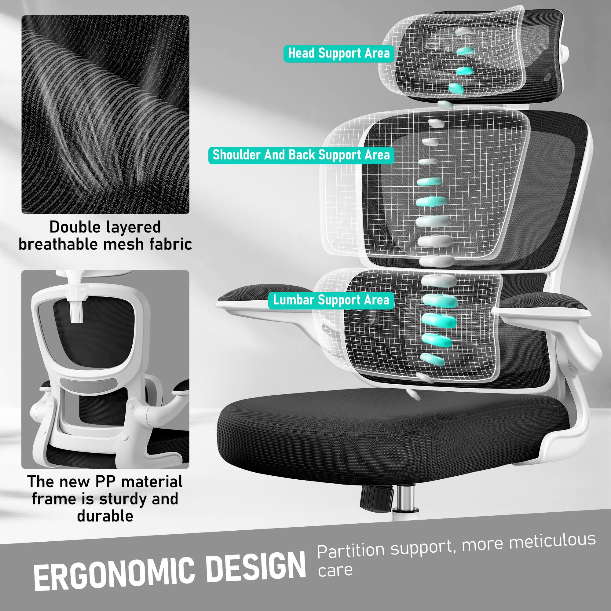 KERDOM - High Back Ergonomic Office Chair, Breathable Mesh Desk Chair with Lumbar Support, Flip-up Arms, Computer Gaming Chair - White - Thumbnail 5