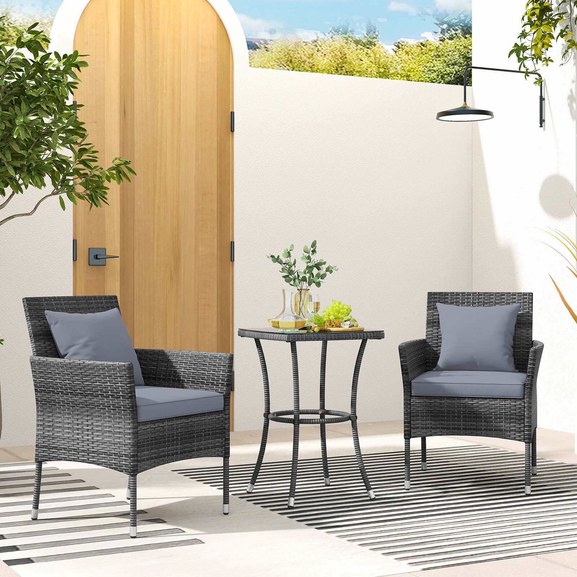 Alt View 3. Costway - 3 PCS Patio Furniture Set with Cushioned Patio Chairs & Tempered Glass Coffee Table - Grey + Mix Grey.