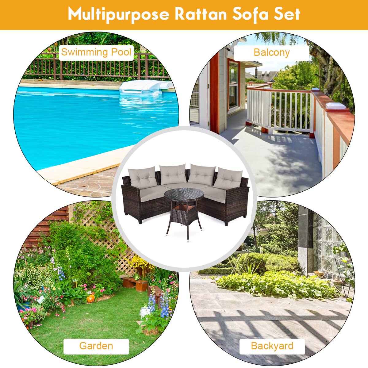 Multipurpose Rattan Sofa Set

- Swimming Pool
- Balcony
- Garden
- Backyard