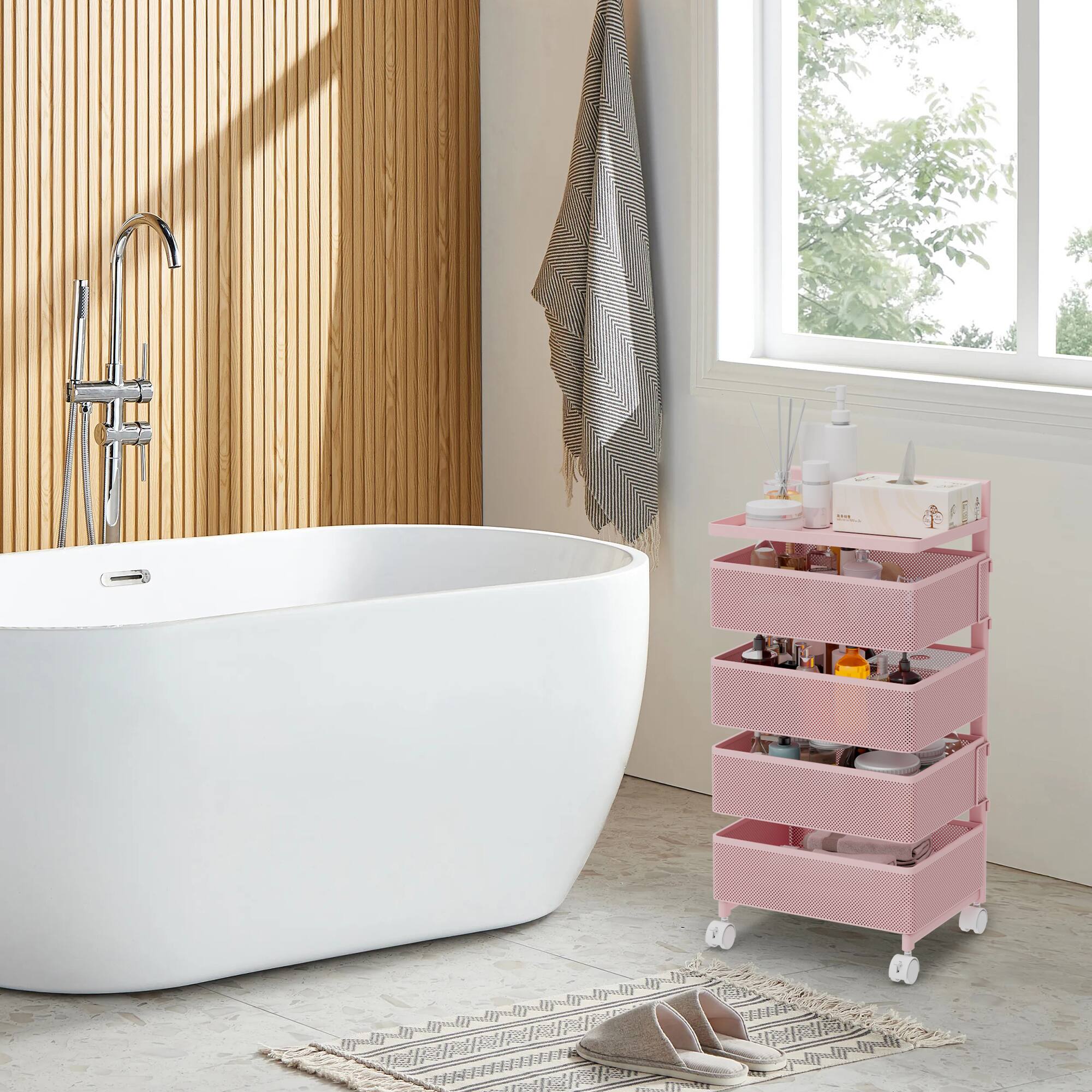 Alt View 1. Malletson - 5-Tier Rotating Kitchen Storage Cart with Wheels, Metal Mesh Organizer for Fruits, Vegetables, and Kitchen Supplies - Pink.