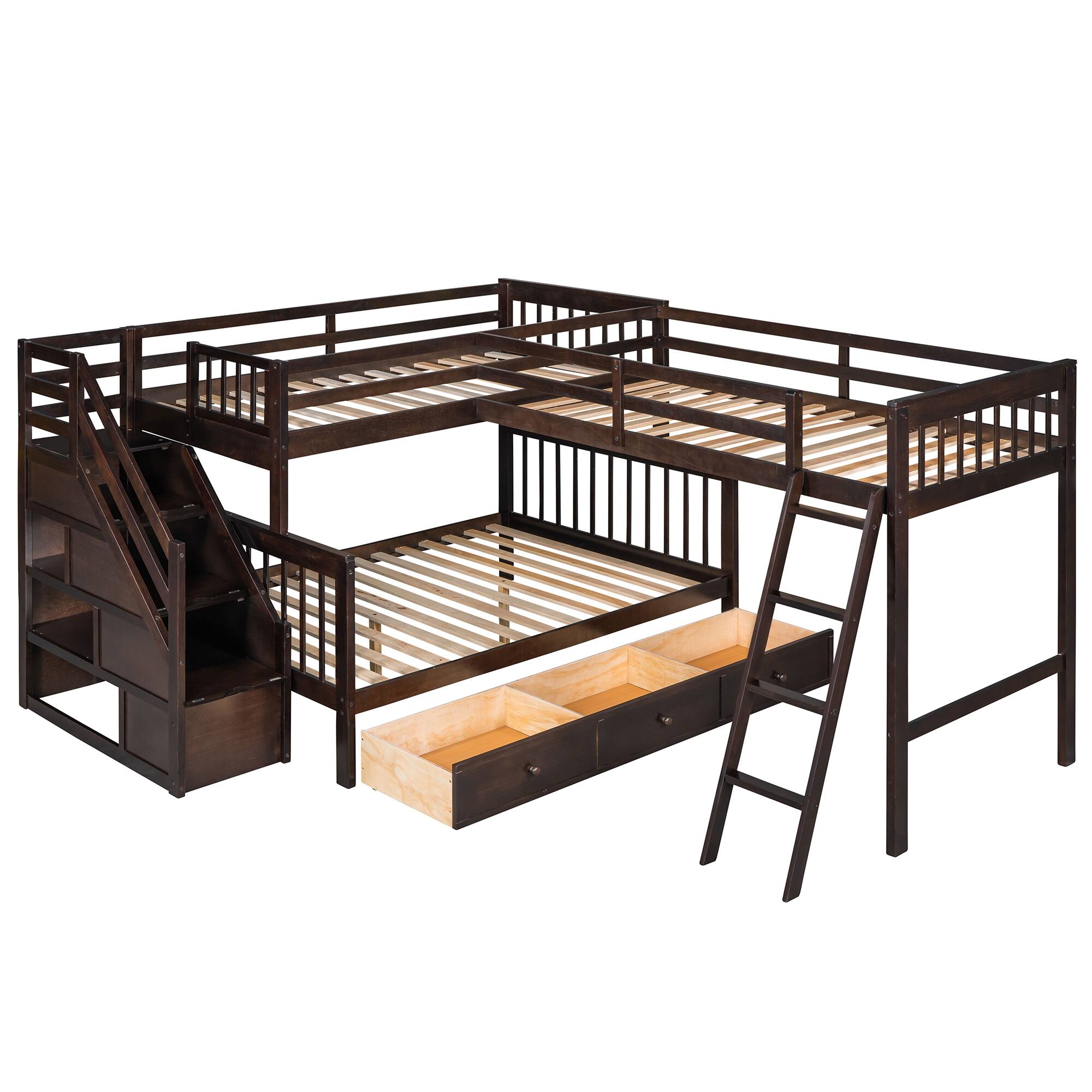 Back. Tiramisubest - Twin over Full L-Shaped Bunk Bed w/ 3 Drawers, Ladder & Staircase - Espresso: Max Space, Solid Build, Safe Design - Espresso.