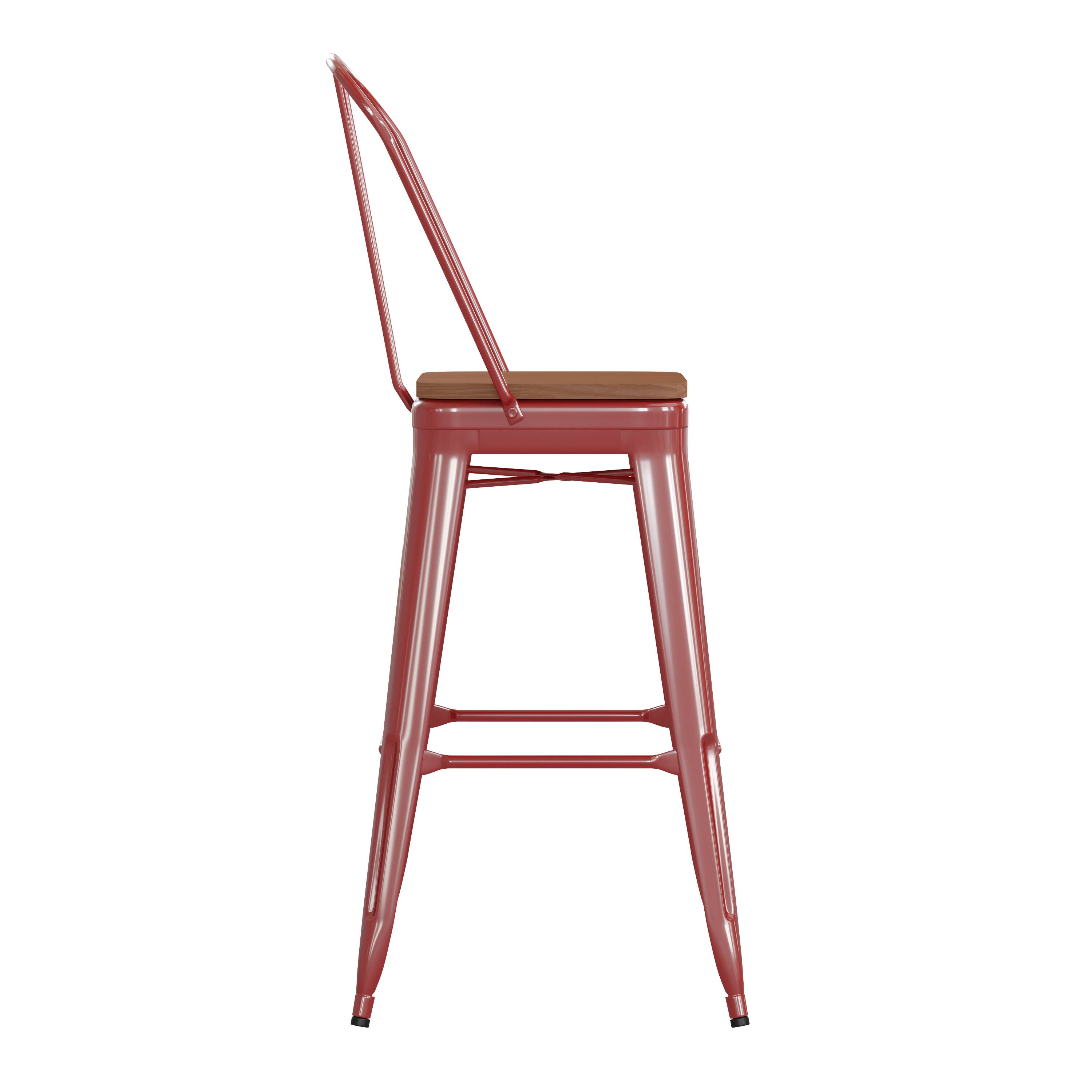 Alt View 9. Emma + Oliver - Kam Metal Indoor-Outdoor Stool with Removable Back and All-Weather Polystyrene Seat - Teak Seat/Red Frame.