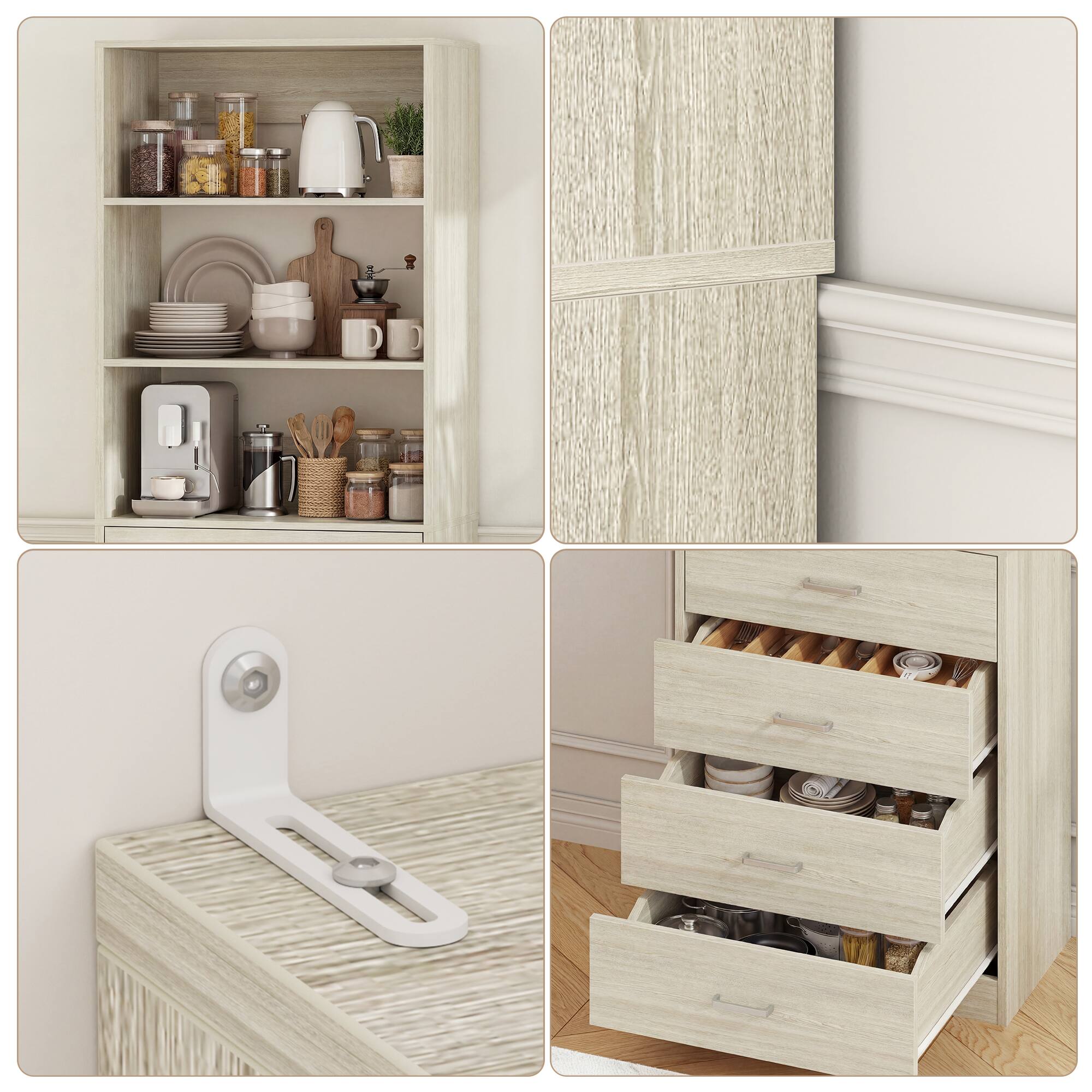 Left. Aheaplus - 80'' Tall Kitchen Pantry Storage Unit with Drawers and Shelves, 42.6'' Wide Storage Cabinet for Kitchen, 2 Packs - Beige Oak.