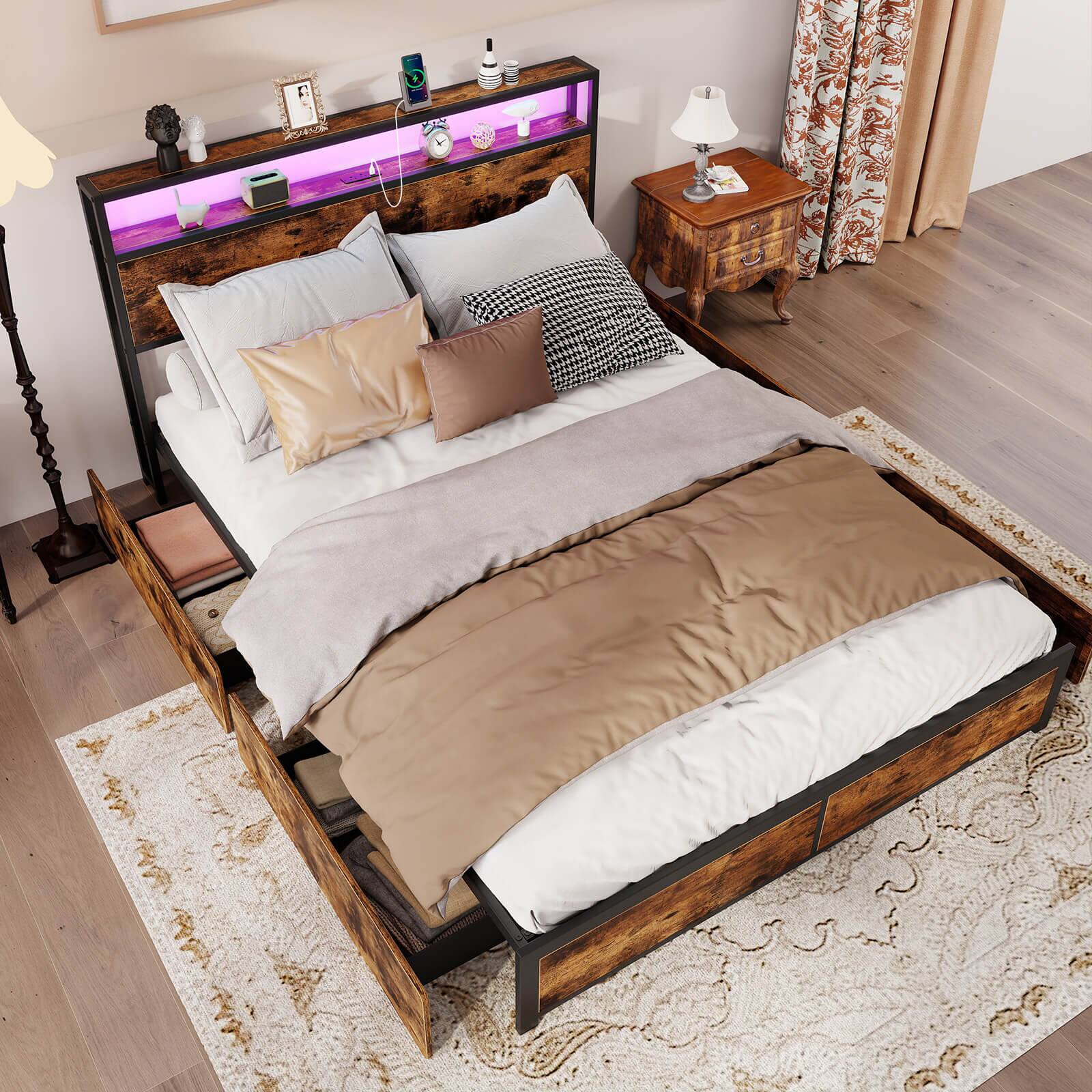 Alt View 5. Costway - Costway Queen Size LED Bed Frame w/2-Tier Storage Headboard & 4 Drawers Charging Station - Rustic Brown,Black.