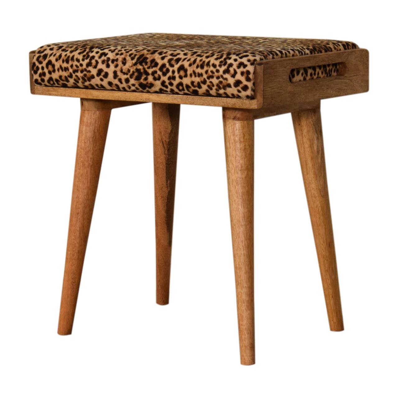 Left. Artisan Furniture - Artisan Furniture Solid Wood Leopard Velvet Tray Style Footstool, Upholstered, Leopard Print - Brown.