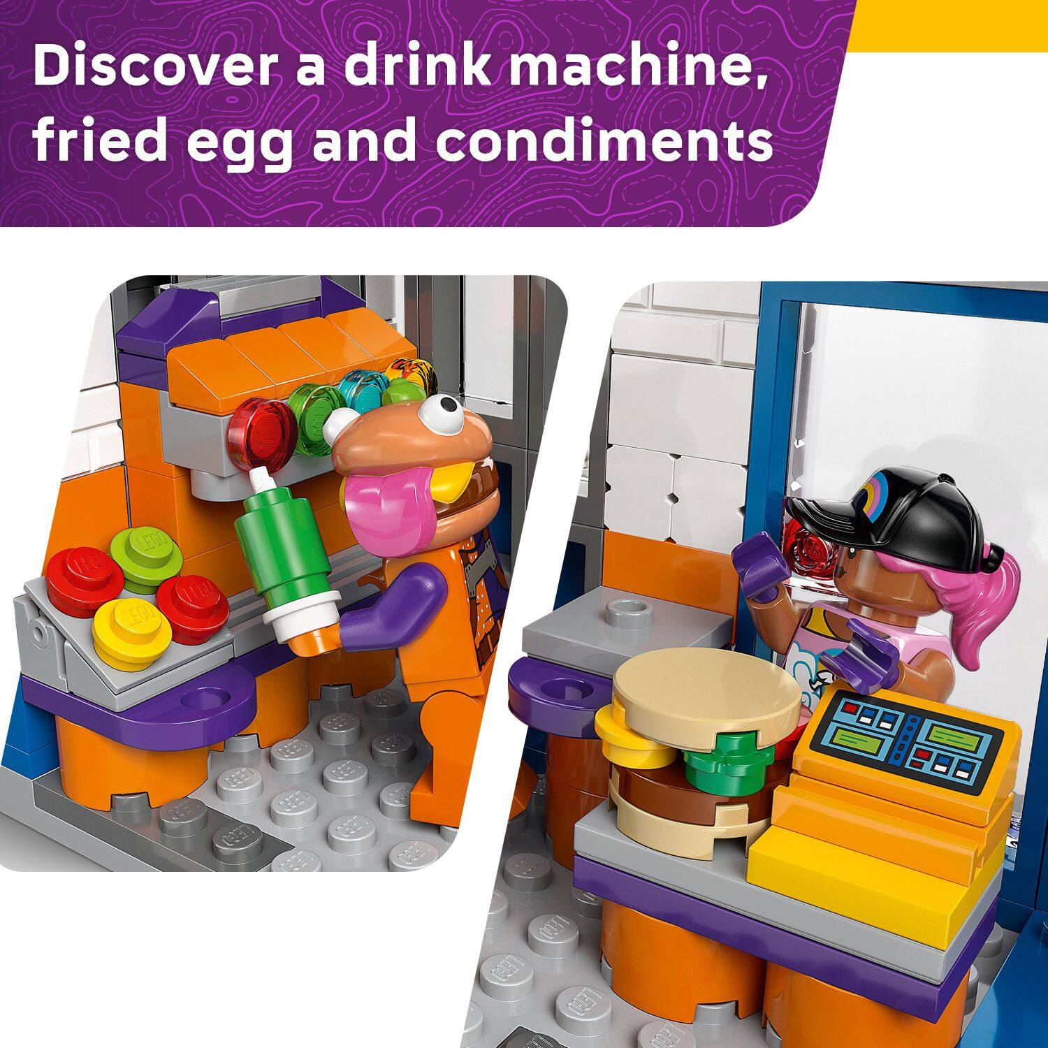 Discover a drink machine, fried egg and condiments.