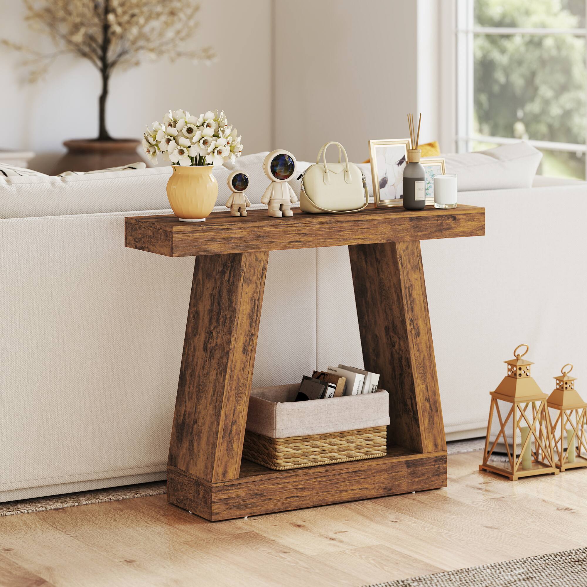 Alt View 7. Homcom - Farmhouse Console Table, 2-Tier Entryway Table with Storage for Hallway, Living Room, Behind Couch - Dark brown.