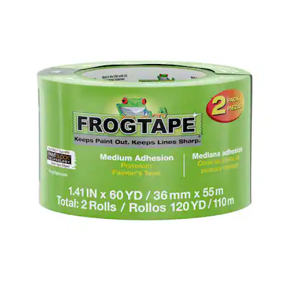 FrogTape
Keeps Paint Out. Keeps Lines Sharp.
The ONLY PAINTBLOCK Tape With Medium Adhesion TECHNOLOGY
Made in the USA with US Made Materials
1.41 IN X 60 YD / 36 mm X 55 m
Total: 2 Rolls / 120 YD / 110 m
2 PACK PIEZAS
Medium Adhesion / Mediana adhesion
Premium Painter's Tape / Cinta de pintor de primera calidad
FrogTape.com