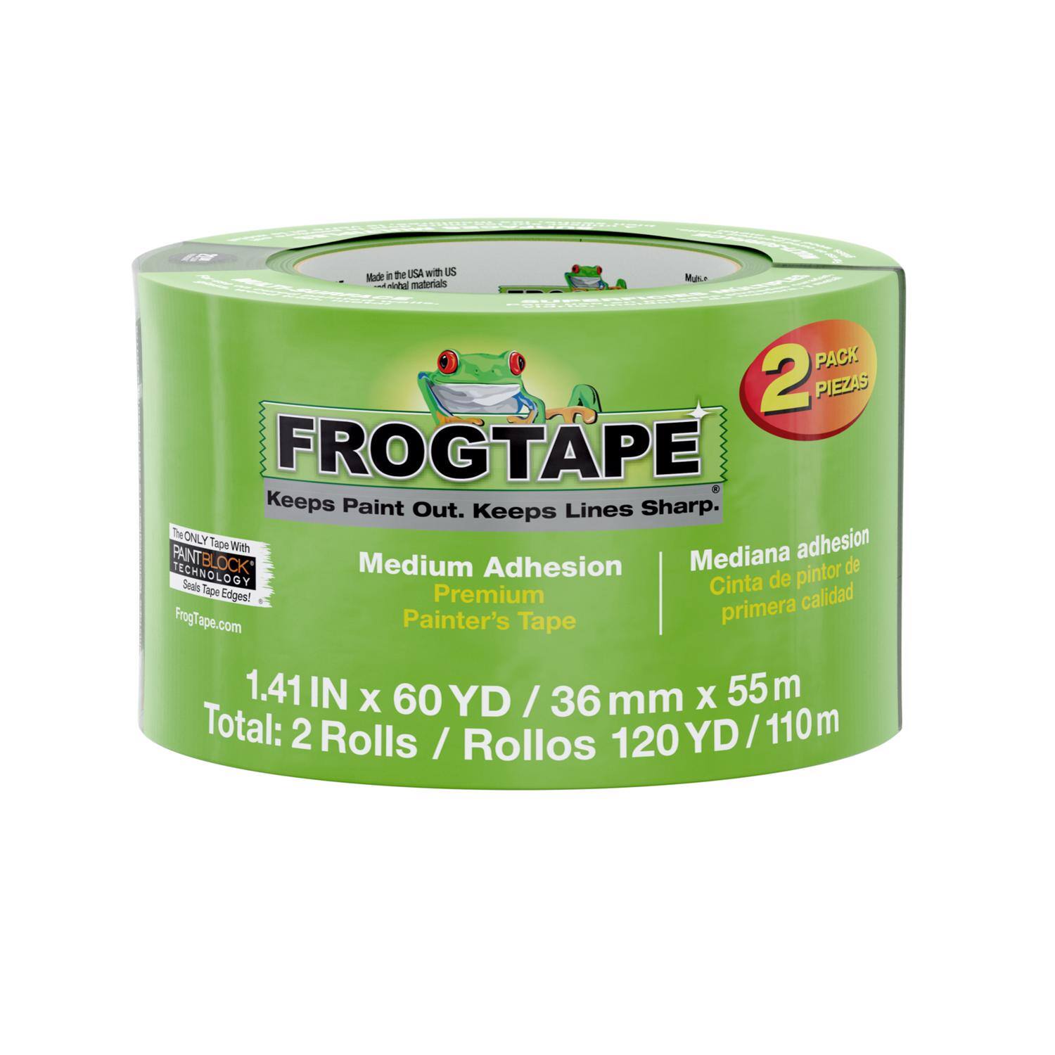 FrogTape  
Keeps Paint Out. Keeps Lines Sharp.  
The ONLY PAINTBLOCK Tape With Medium Adhesion TECHNOLOGY  
Made in the USA with US Made Materials  
1.41 IN X 60 YD / 36 mm X 55 m  
Total: 2 Rolls / 120 YD / 110 m  
2 PACK PIEZAS  
Medium Adhesion / Mediana adhesion  
Premium Painter's Tape / Cinta de pintor de primera calidad  
FrogTape.com