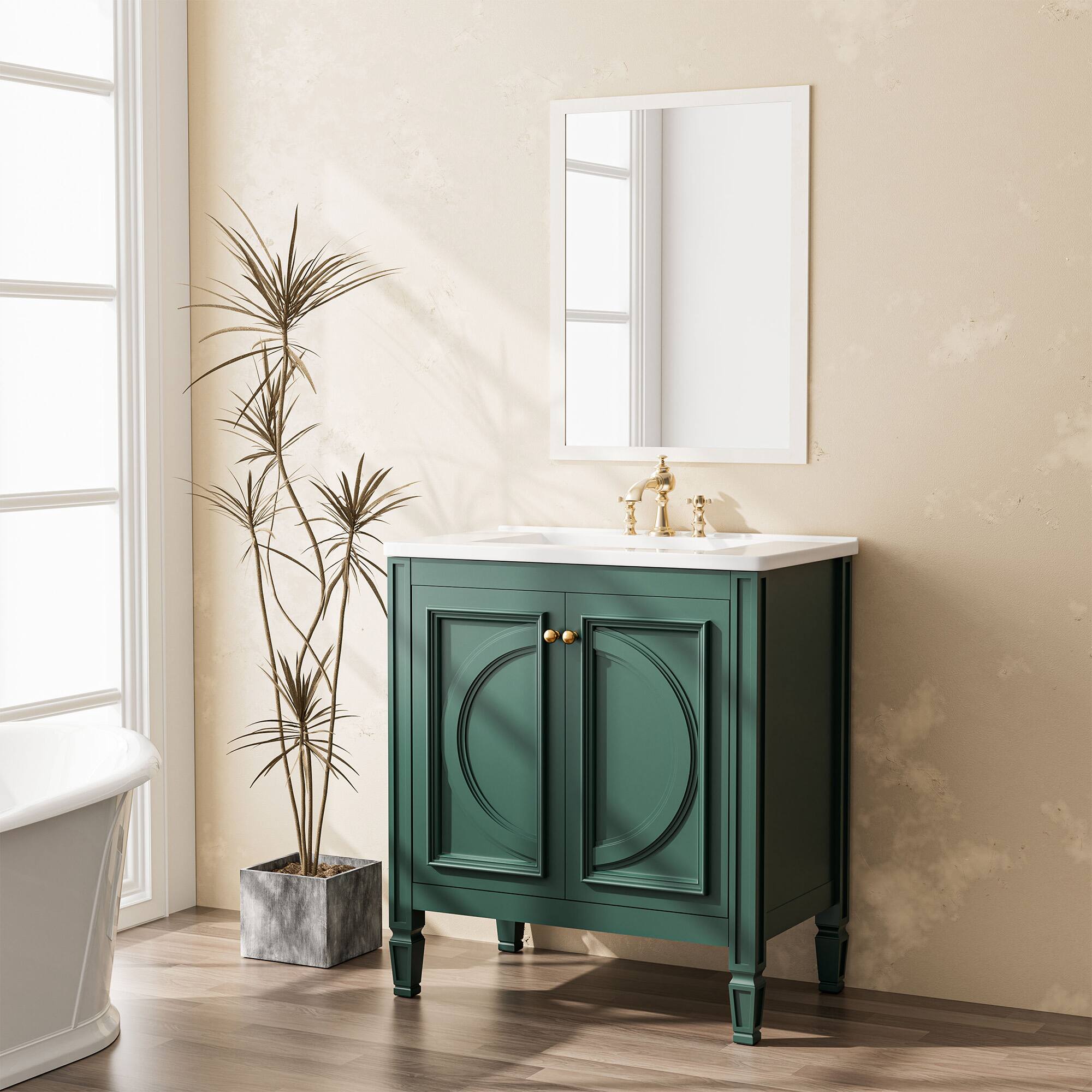 Alt View 3. KERDOM - 30" Vintage Bathroom Vanity with Ceramic Sink, Freestand Storage Cabinet, 3-Hole Faucet Prep, Washroon Storage Cabinet - Green.